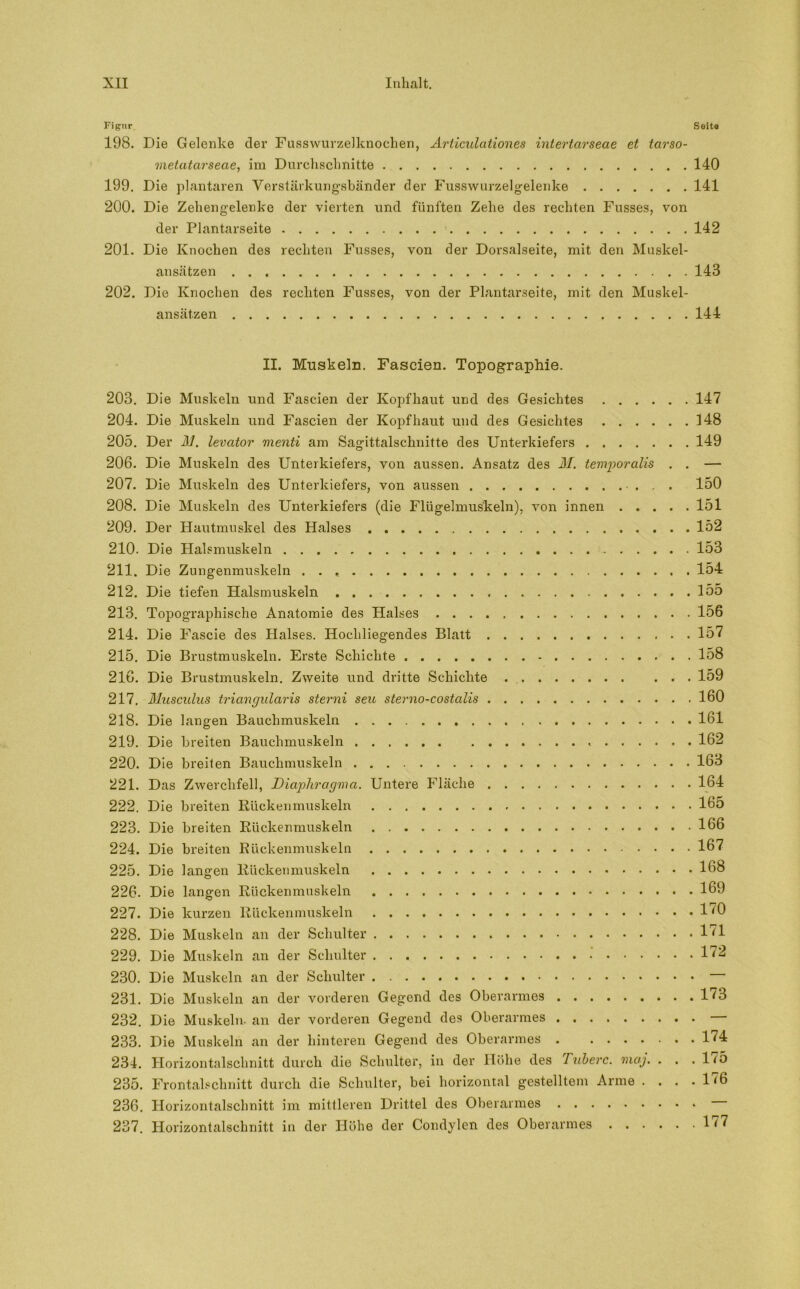 Figur Seit« 198. Die Gelenke der Fusswurzelknochen, Articulationes intertarseae et tarso- metatarseae, im Durchschnitte 140 199. Die plantaren Verstärkungsbänder der Fusswurzelgelenke 141 200. Die Zehengelenke der vierten und fünften Zehe des rechten Fusses, von der Plantarseite 142 201. Die Knochen des rechten Fusses, von der Dorsalseite, mit den Muskel- ansätzen 143 202. Die Knochen des rechten Fusses, von der Plantarseite, mit den Muskel- ansätzen 144 II. Muskeln. Fascien. Topographie. 203. Die Muskeln und Fascien der Kopfhaut und des Gesichtes 147 204. Die Muskeln und Fascien der Kopfhaut und des Gesichtes 148 205. Der M. levator menti am Sagittalschnitte des Unterkiefers 149 206. Die Muskeln des Unterkiefers, von aussen. Ansatz des M. temporalis . . — 207. Die Muskeln des Unterkiefers, von aussen 150 208. Die Muskeln des Unterkiefers (die Flügelmus'keln), von innen 151 209. Der Hautmuskel des Halses 152 210. Die Halsmuskeln 153 211. Die Zungenmuskeln 154 212. Die tiefen Halsmuskeln 155 213. Topographische Anatomie des Halses 156 214. Die Fascie des Halses. Hochliegendes Blatt 157 215. Die Brustmuskeln. Erste Schichte 158 216. Die Brustmuskeln. Zweite und dritte Schichte 159 217. Musculus triangularis sterni seu sterno-costalis 160 218. Die langen Bauchmuskeln 161 219. Die breiten Bauchmuskeln 162 220. Die breiten Bauchmuskeln 163 221. Das Zwerchfell, Diaphragma. Untere Fläche 164 222. Die breiten Rückenmuskeln 165 223. Die breiten Rückenmuskeln 166 224. Die breiten Rückenmuskeln 167 225. Die langen Rückenmuskeln 168 226. Die langen Rückenmuskeln 169 227. Die kurzen Rückenmuskeln 1^0 228. Die Muskeln an der Schulter l’tl 229. Die Muskeln an der Schulter 172 230. Die Muskeln an der Schulter — 231. Die Muskeln an der vorderen Gegend des Oberarmes 173 232. Die Muskeln, an der vorderen Gegend des Oberarmes — 233. Die Muskeln an der hinteren Gegend des Oberarmes . 174 234. Horizontalschnitt durch die Schulter, in der Höhe des rubere, maj. . . .1/5 235. Frontalschnitt durch die Schulter, bei horizontal gestelltem Arme . . . .1/6 236. Horizontalschnitt im mittleren Drittel des Oberarmes 237. Horizontalschnitt in der Höhe der Condylen des Oberarmes 1<7
