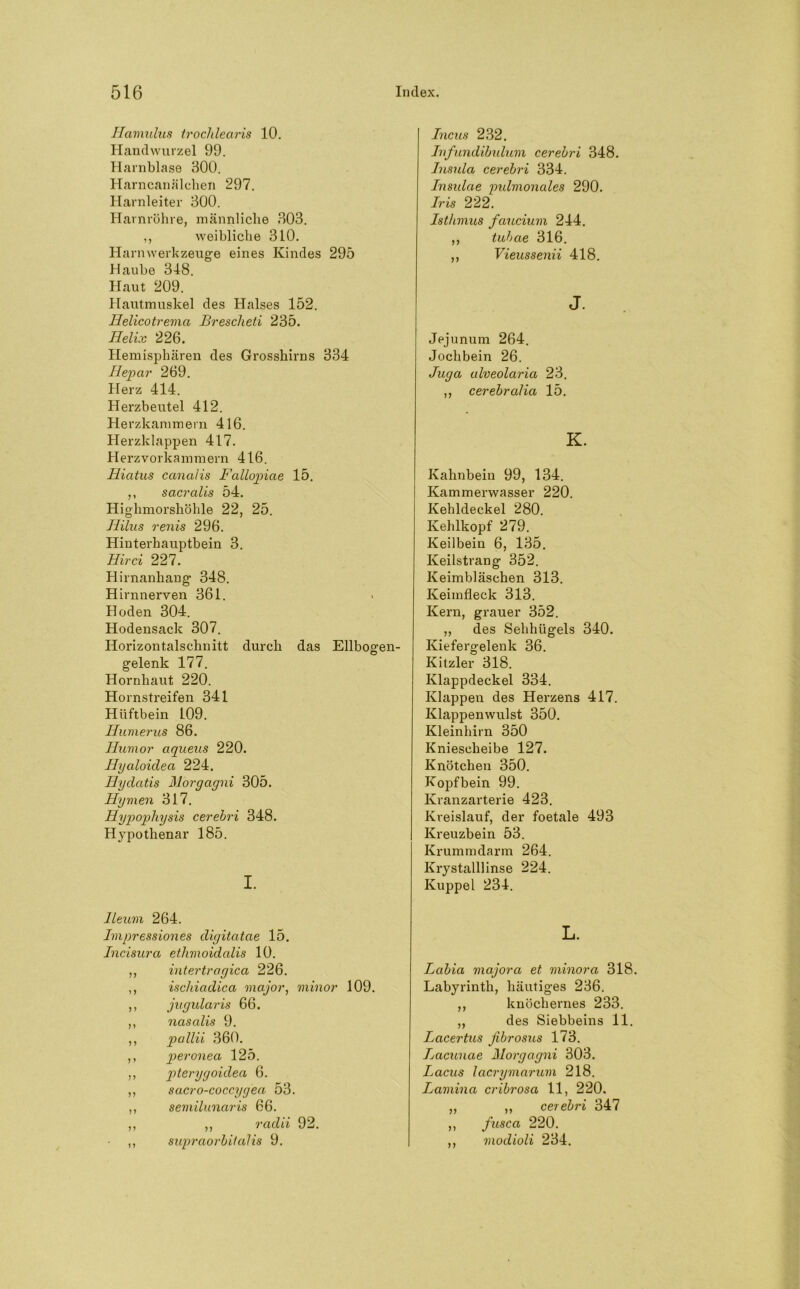 Hamulus trochlearis 10. Handwurzel 99. Harnblase 300. Harncanälehen 297. Harnleiter 300. Harnröhre, männliche 303. ,, weibliche 310. Harnwerkzeuge eines Kindes 295 Haube 348. Haut 209. Hautmuskel des Halses 152. Helicotrema Brescheti 235. Helix 226. Hemisphären des Grosshirns 334 Iiepar 269. Herz 414. Herzbeutel 412. Herzkammern 416. Herzklappen 417. Herzvorkammern 416. Hiatus canalis Fallopiae 15. ,, sacralis 54. Highmorshöhle 22, 25. Hilus renis 296. Hinterhauptbein 3. Hirci 227. Hirnanhang 348. Hirnnerven 361. . Hoden 304. Hodensack 307. Horizontalschnitt durch das Ellbogen- gelenk 177. Hornhaut 220. Hornstreifen 341 Hüftbein 109. Humerus 86. Humor aqueus 220. Hyaloidea 224. Hydatis Morgagni 305. Hymen 317. Hypophysis cerehri 348. Hypothenar 185. I. Incus 232. Infundibidum cerehri 348. Insula cerehri 334. Insulae pulmonales 290. Iris 222. Isthmus faucium 244. ,, tuhae 316. ,, Vieussenii 418. J. Jejunum 264. Jochbein 26. Juga alveolaria 23. ,, cerehralia 15. K. Kahnbein 99, 134. Kammerwasser 220. Kehldeckel 280. Kehlkopf 279. Keilbein 6, 135. Keilstrang 352. Keimbläschen 313. Keimfleck 313. Kern, grauer 352. ,, des Sehhügels 340. Kiefergelenk 36. Kitzler 318. Klappdeckel 334. Klappen des Herzens 417. Klappenwulst 350. Kleinhirn 350 Kniescheibe 127. Knötchen 350. Kopfbein 99. Kranzarterie 423. Kreislauf, der foetale 493 Kreuzbein 53. Krummdarm 264. Krystalllinse 224. Kuppel 234. lleum 264. Impressiones digitatae 15. Incisura ethmoidalis 10. ,, intertragica 226. ,, ischiadica major, minor 109. ,, jugularis 66. ,, nasalis 9. ,, pallii 360. ,, peronea 125. ,, pterygoidea 6. ,, sacro-coccygea 53. ,, semilunaris 66. ,, ,, radii 92. ,, supraorbitalis 9. L. Lahia majora et minora 318. Labyrinth, häutiges 236. ,, knöchernes 233. ,, des Siebbeins 11. Lacertus fihrosus 173. Lacunae Morgagni 303. Lacus lacrymarum 218. Lamina cribrosa 11, 220. „ ,, cerehri 347 ,, fusca 220. ,, modioli 234.