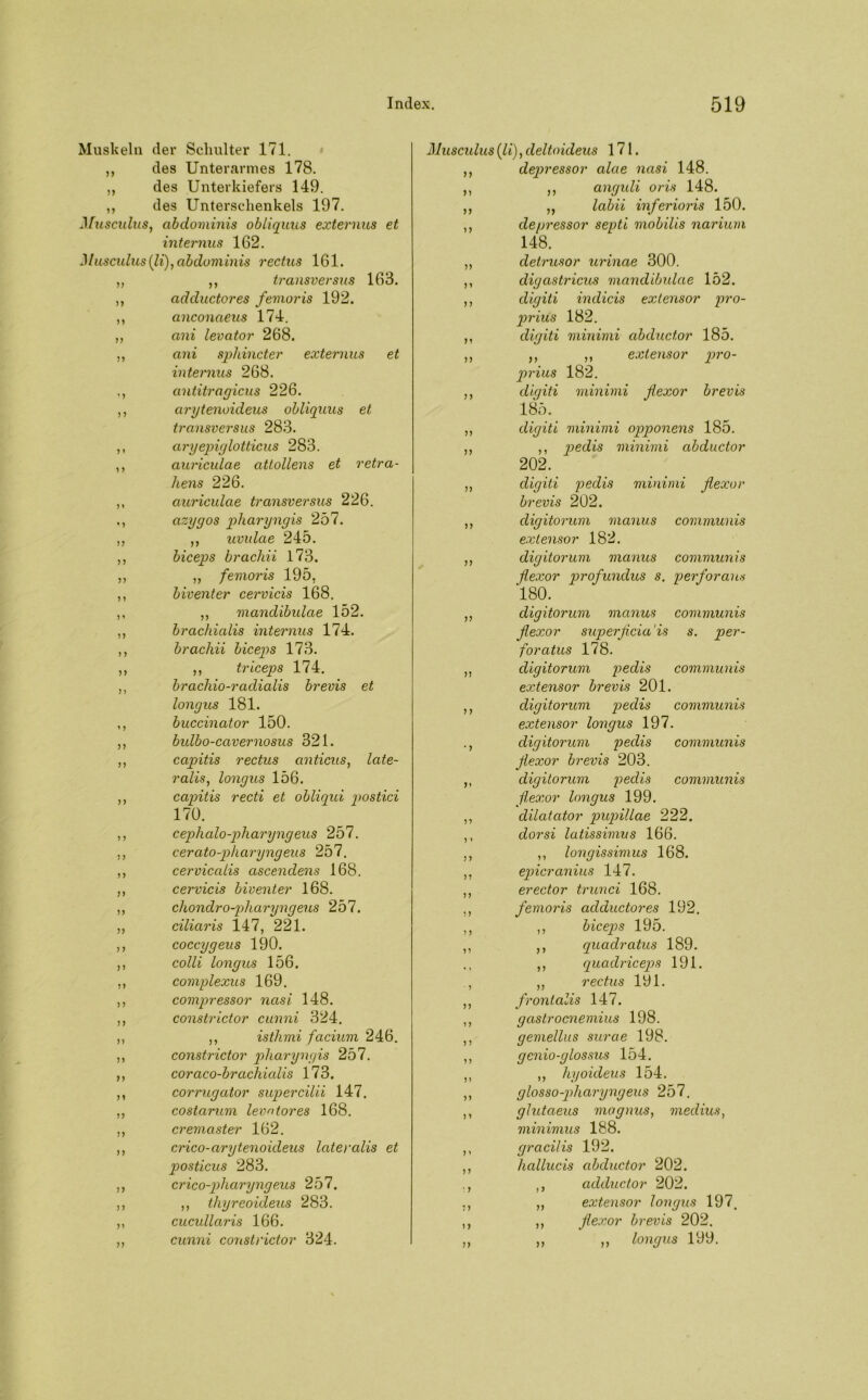 Muskeln der Schulter 171. ,, des Unterarmes 178. ,, des Unterkiefers 149. ,, des Unterschenkels 197. Musculns, abdominis obliquus externus et internus 162. Muscidusili), abdominis rectus 161. ,, ,, transversus 163. ,, adductores femoris 192. ,, anconaeus 174. ,, ani levator 268. ,, ani sphincter externus et internus 268. ,, antitragicus 226. ,, arytenoideus obliquus et transversus 283. ,, aryepiglotticus 283. ,, auriculae attollens et retra- hens 226. ,, auriculae transversus 226. ,, azygos pharyngis 257. ,, ,, uvulae 245. ,, biceps brachii 173. „ „ femoris 195, ,, biventer cervicis 168. ,, ,, mandibulae 152. ,, brachialis internus 174. ,, brachii biceps 173. ,, ,, triceps 174. ,, brachio-radialis brevis et longus 181. ,, buccinator 150. ,, bulbo-cavernosus 321. „ capitis rectus anticus, late- ralis, longus 156. ,, capitis recti et obliqui postici 170. ,, cephalo-pliaryngeus 257. ,, cerato-pharyngeus 257. ,, cervicalis ascendens 168. ,, cervicis biventer 168. ,, chondro-pharyngeus 257. ,, ciliaris 147, 221. ,, coccygeus 190. ,, colli longus 156. ,, complexus 169. ,, compressor nasi 148. ,, constrictor cunni 324. ,, ,, isthmi facium 246. ,, constrictor pharyngis 257. ,, coraco-brachialis 173. ,, corrugator supercilii 147. ,, costarum levntores 168. „ cremaster 162. ,, crico-arytenoideus lateralis et posticus 283. ,, crico-pharyngeus 257. ,, ,, thyreoideus 283. ,, cucullaris 166. ,, cunni constrictor 324. Musculus (li), deltoideus 171. ,, depressor alae nasi 148. ,, ,, anguli oris 148. „ „ labil inferioris 150. ,, depressor septi mobilis narium 148. „ detriLSor urinae 300. ,, digastricus mandibulae 152. ,, digiti indicis extensor pro- prius 182. ,, digiti minimi abductor 185. ,, ,, ,, extensor pro- prius 182. ,, digiti minimi flexor brevis 185. ,, digiti minimi opponens 185. ,, ,, pedis minimi abductor 202. ,, digiti pedis minimi flexor brevis 202. ,, digitorum manus communis extensor 182. ,, digitorum manus communis flexor profundus s. perforans 180. ,, digitorum manus communis flexor superficia'is s. per- foratus 178. ,, digitorum pedis communis extensor brevis 201. ,, digitorum pedis communis extensor longus 197. ., digitorum pedis communis flexor brevis 203. ,, digitorum pedis communis flexor longus 199. ,, dilatator pupillae 222. ,, dorsi latissimus 166. ,, ,, longissimus 168. ,, epicranius 147. ,, erector trunci 168. ,, femoris adductores 192, ,, ,, biceps 195. ,, ,, quadratus 189. ,, quadriceps 191. , „ rectus 191. ,, frontalis 147. ,, gastrocnemius 198. ,, gemellus surae 198. ,, genio-glossus 154. ,, ,, hyoideus 154. ,, glosso-pharyngeus 257. ,, glutaeus magnus, medius, minimus 188. ,, gracilis 192. ,, hallucis abductor 202. ,, adductor 202. ,, ,, extensor longus 197. ,, ,, flexor brevis 202. ,, ,, ,, longus 199.