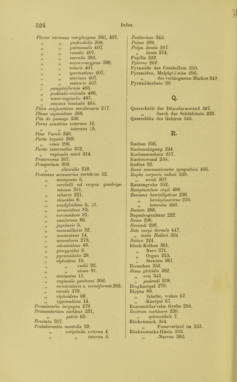 Plexus nervosus oesnphageus 380, 407. ,, ,, pudendalis 308. ,, ,, pulmonales 407. ,, ,, renalis 407. ,, ,, sacralis 383. ,, ,, sacro-coccygeus 398. ,, ,, solaris 407. ,, ,, spermaticus 407. ,, „ uterinus 407. ,, ,, vesicaiis 407. ,, pampiniformis 485. ,, pudendo-vesicalis 486. ,, utero-vaginalis 487. ,, venosus lumbalis 481. Plica conjunctivae semilunaris 217. Plicae sigmoideae 268. Plis de jJassage 336. Poms acusticus externus 16. ,, ,, internus 15. Pons Varoli 348. Porta hepatis 269. ,, renis 296. Portio intermedia 372. ,, vaginalis Uteri 314. Praecuneus 337. Praeputium 309. ,, clitoridis 318. Processus accessorius vertebrae 52. ,, anonymus 5. ,, cerebelli ad Corpus quadriye- minum 351. ,, ciliares 221. ,, clinoidei 6. ,, condyloideus 5, 31. ,, coracoideus 83. ,, coronoideus 91. ,, ensiformis 66. ,, juyularis 5. „ mavimillaris 52. ,, mastoideus 14. „ muscularis 279. ,, odontoideus 48. ,, pteryyoidei 6. ,, pyramidalis 28. ,, styloideus 16. ., ,, radii 92. ,, ,, idnae 91. „ uncinatus 11. ,, vaginalis peritonei 306. ,, vermicularis s. vermiformis 263. ,, vocalis 279. ,, xijjJeoideus 66. >> zygomaticus 14. Prominentia laryngea 279. Promontorium cochleae 231. ,, pelvis 65. Prostata 307. Protuberantia mentalis 32. ,, occipitalis externa 4. „ ,, interna 3. Psalterium 343. Pulmo 289. Pidpa dentis 247 ,, lienis 274. Pupille 222. Pylorus 262. Pyramide des Cerebellum 350. Pyramiden, Malpig-hi’sche 296. ,, des verlängerten Markes 349. Pyramidenbein 99. Q. Querschnitt der Dünudarmwand 267. ,, durch das Schläfebein 228. Querschlitz des Gehirns 346. R. Kachen 256. Rachen ein gang’ 244. Rachenmuskeln 257. Rachenwand 255. Radius 92. Rami communicantes sympatliici 406. Raphe corporis callosi 339. ,, scroti 307. Rautengrube 352. Receptacidum chyli 496. Recessus hemiellipticus 236. ,, hemisphaericus 236. ,, lateredes 353. Rectum 266. Regenbogenhaut 222. Renes 296. Renicidi 296. Rete carpi dorsale 447. ,, testis Hcdleri 304. Retina 224. Riecli-Kolben 361. ,, Nerv 371. ,, Organ 215. ,, Streiten 361. Riemchen 353. Rima glottidis 282. ,, oris 343. ,, pudendi 318. Ringknorpel 279. Rippen 68. ,, falsche, wahre 67. ,, -Knorpel 67. Rosenmüller’ftche Grube 256. Rostrum cochleare 230. ,, sphenoidale 7. Rückenmark 354. ,, Faserverlauf im 333. Rückenmarks-Häute 3H3. ,, -Nerven 382.