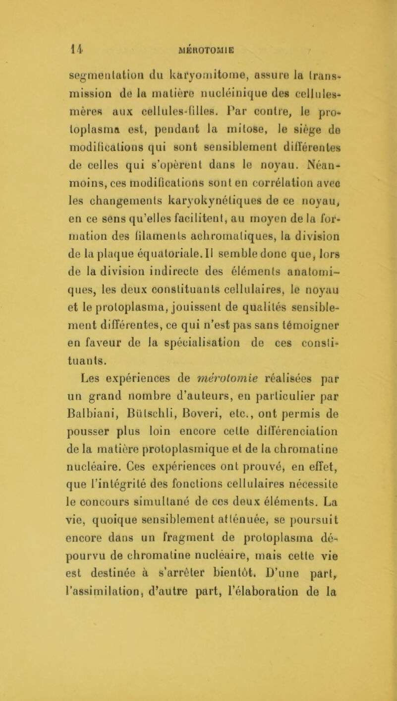 U mérotomie; segnieiilation du karyoïnitome, assure la Irans- mission de la matière uucléiuique des cellules- mères aux cellulesdilles. Par contre, le pro- toplasma est, pendant la mitose, le siège do modifications qui sont sensiblement dillerentes de celles qui s’opèrent dans le noyau. Néan- moins, ces modifications sont en corrélation avec les changements karyokynétiques de ce noyau, en ce sens qu’elles facilitent, au moyen de la for- mation des filaments achromatiques, la division de la plaque équatoriale. Il semble donc que, lors de la division indirecte des éléments anatomi- ques, les deux constituants cellulaires, le noyau et le proloplasma, jouissent de qualités sensible- ment différentes, ce qui n’est pas sans témoigner en faveur de la spécialisation de ces consti- tuants. Les expériences de mérotomie réalisées par un grand nombre d’auteurs, en particulier par Balbiani, Bülschli, Boveri, etc., ont permis de pousser plus loin encore cette ditlérenciation de la matière protoplasmique et de la chromatine nucléaire. Ces expériences ont prouvé, en effet, que l’intégrité des fonctions cellulaires nécessite le concours simultané de ces deux éléments. La vie, quoique sensiblement atténuée, se j)Oursuit encore dans un fragment de proloplasma dé- pourvu de chromatine nucléaire, mais cette vie est destinée à s’arrêter bientôt. D’une part, l’assimilation, d’autre part, l’élaboration de la