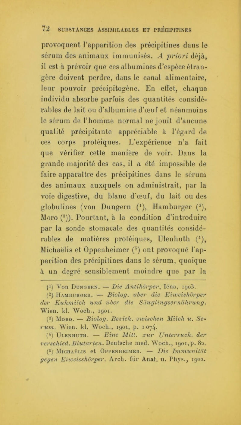 provoquent l’apparition des précipilines dans le sérum des animaux immunisés. A “priori déjà, il est à prévoir que ces albumines d’espèce étran- gère doivent perdre, dans le canal alimentaire, leur ])ouvoir précipitogène. En effet, chaque individu absorbe parfois des quantités considé- rables de lait ou d’albumine d’œuf et néanmoins le sérum de l’hornrne normal ne jouit d’aucune qualité précipitante appréciable à l’égard de ces corps protéiques. L’expérience n’a fait que vérifier cetle manière de voir. Dans la grande majorité des cas, il a été impossible de faire apparaître des précipilines dans le sérum des animaux auxquels on administrait, [)ar la voie digestive, du blanc d’œuf, du lait ou des globulines (von Dungern (‘), Hamburger (^), Moro (^)). Pourtant, à la condition d’introduire par la sonde stomacale des quantités considé- rables de matières protéiques, Ulenhuth Michaëlis et Oppenheimer (“) ont provoqué l’ap- parition des précipilines dans le sérum, quoique à un degré sensiblement moindre que par la * (*) {') Von Dungkrn. — Bie Antihorpei\ léna, 190Ü. {-) Hamuurgku. — Biolog. üher die Eiiveiskijrper (1er Kuhmilch und üher die Suuglingsernührung. Wien. kl. Wocli., 1901. (3) Moro. — Biolog. Bezieh. zwischen Milch u. Se~ rum. Wien. kl. Woch., 1901, p. i 07L (*) Ulenhuth. — Fine Mitt. zur Untersiich. der verschied. Blutarlen. Deutsche med. Woch., 1901, p. 82. (S) Michaëi.is et Oprenheimer. — Die Immunitiit gegen Eiweisskürper. Arch. fur Anat. u. Phys., 1902.