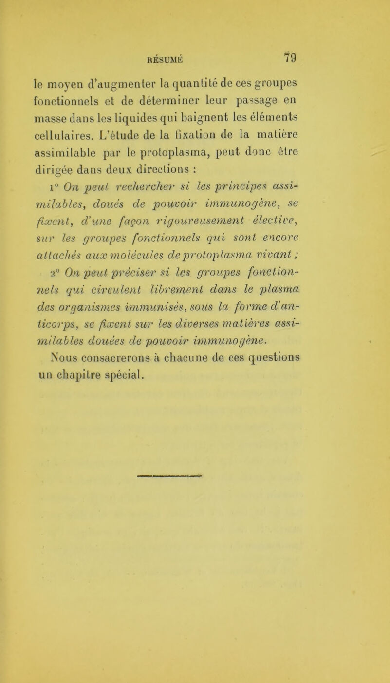 le moyen d’augmenter la quanlîlé de ces groupes fonctionnels et de déterminer leur passage en masse dans les liquides qui baignent les éléments cellulaires. L’étude de la fixation de la matière assimilable par le protoplasrna, peut donc être dirigée dans deux directions : 1° On peut rechercher si les principes assi- milables, doués de pouvoir immunorjène, se fixent, d’une façon rigoureusement élective, sur les groupes fonctionnels qui sont encore attachés aux molécules deproloplasma vivatit ; 2° On peut préciser si les groupes fonction- 7iels qui circulent libre^nent dans le plasma des organismes immunisés, sous la forme d’an- ticorps, se fixent sur les diverses matières assi- milables douées de pouvoir hnmunogène. Nous consacrerons à cbacune de ces questions un chapitre spécial.
