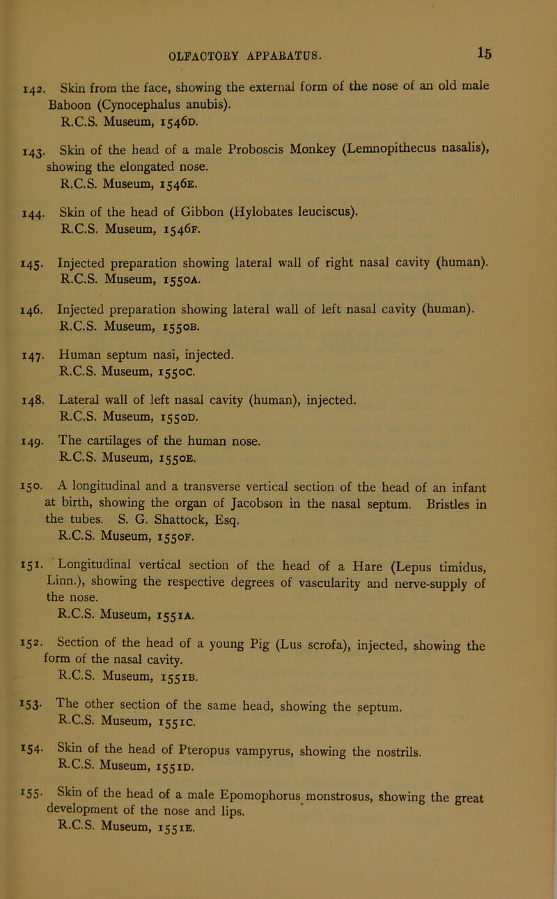 142. Skin from the face, showing the external form of the nose of an old male Baboon (Cynocephalus anubis). R.C.S. Museum, 1546D. 143. Skin of the head of a male Proboscis Monkey (Lemnopithecus nasalis), showing the elongated nose. R.C.S. Museum, 1546E. 144. Skin of the head of Gibbon (Hylobates leuciscus). R.C.S. Museum, 1546F. 145. Injected preparation showing lateral wall of right nasal cavity (human). R.C.S. Museum, 1550A. 146. Injected preparation showing lateral wall of left nasal cavity (human). R.C.S. Museum, 1550B. 147. Human septum nasi, injected. R.C.S. Museum, 1550c. 148. Lateral wall of left nasal cavity (human), injected. R.C.S. Museum, 1550D. 149. The cartilages of the human nose. R.C.S. Museum, 1550E. 150. A longitudinal and a transverse vertical section of the head of an infant at birth, showing the organ of Jacobson in the nasal septum. Bristles in the tubes. S. G. Shattock, Esq. R.C.S. Museum, 1550F. 151. Longitudinal vertical section of the head of a Hare (Lepus timidus, Linn.), showing the respective degrees of vascularity and nerve-supply of the nose. R.C.S. Museum, 155 ia. 152. Section of the head of a young Pig (Lus scrofa), injected, showing the form of the nasal cavity. R.C.S. Museum, 155ib. I53- The other section of the same head, showing the septum. R.C.S. Museum, 1551c. 154. Skin of the head of Pteropus vampyrus, showing the nostrils. R.C.S. Museum, 155id. *55- Skin of the head of a male Epomophorus monstrosus, showing the great development of the nose and lips.
