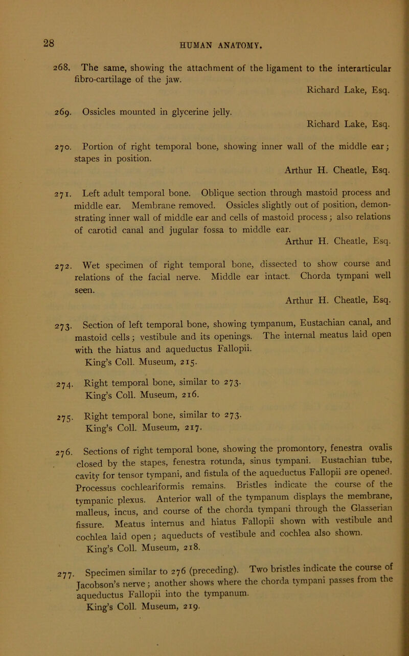 268. The same, showing the attachment of the ligament to the interarticular fibro-cartilage of the jaw. Richard Lake, Esq. 269. Ossicles mounted in glycerine jelly. Richard Lake, Esq. 270. Portion of right temporal bone, showing inner wall of the middle ear; stapes in position. Arthur H. Cheatle, Esq. 271. Left adult temporal bone. Oblique section through mastoid process and middle ear. Membrane removed. Ossicles slightly out of position, demon- strating inner wall of middle ear and cells of mastoid process; also relations of carotid canal and jugular fossa to middle ear. Arthur H. Cheatle, Esq. 272. Wet specimen of right temporal bone, dissected to show course and relations of the facial nerve. Middle ear intact. Chorda tympani well seen. Arthur H. Cheatle, Esq. 273. Section of left temporal bone, showing tympanum, Eustachian canal, and mastoid cells; vestibule and its openings. The internal meatus laid open with the hiatus and aqueductus Fallopii. King’s Coll. Museum, 215. 274. Right temporal bone, similar to 273. King’s Coll. Museum, 216. 275. Right temporal bone, similar to 273. King’s Coll. Museum, 217. 276. Sections of right temporal bone, showing the promontory, fenestra ovalis closed by the stapes, fenestra rotunda, sinus tympani. Eustachian tube, cavity for tensor tympani, and fistula of the aqueductus Fallopii are opened. Processus cochleariformis remains. Bristles indicate the course of the tympanic plexus. Anterior wall of the tympanum displays the membrane, malleus, incus, and course of the chorda tympani through the Glasserian fissure. Meatus intemus and hiatus Fallopii shown with vestibule and cochlea laid open; aqueducts of vestibule and cochlea also shown. King’s Coll. Museum, 218. 277. Specimen similar to 276 (preceding). Two bristles indicate the course of Jacobson’s nerve; another shows where the chorda tympani passes from the aqueductus Fallopii into the tympanum. King’s Coll. Museum, 219.