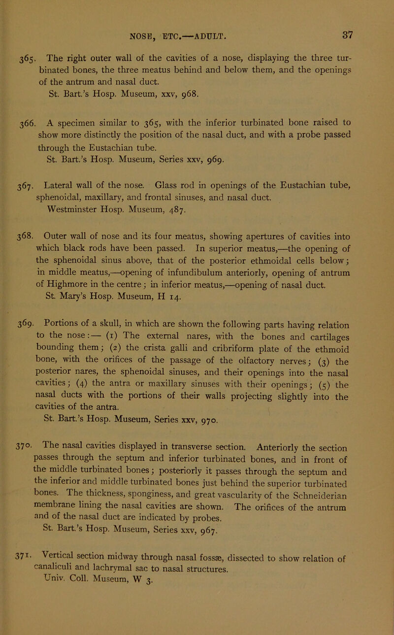NOSE, ETC.—ADULT. 365. The right outer wall of the cavities of a nose, displaying the three tur- binated bones, the three meatus behind and below them, and the openings of the antrum and nasal duct. St. Bart.’s Hosp. Museum, xxv, 968. 366. A specimen similar to 365, with the inferior turbinated bone raised to show more distinctly the position of the nasal duct, and with a probe passed through the Eustachian tube. St. Bart.’s Hosp. Museum, Series xxv, 969. 367. Lateral wall of the nose. Glass rod in openings of the Eustachian tube, sphenoidal, maxillary, and frontal sinuses, and nasal duct. Westminster Hosp. Museum, 487. 368. Outer wall of nose and its four meatus, showing apertures of cavities into which black rods have been passed. In superior meatus,—the opening of the sphenoidal sinus above, that of the posterior ethmoidal cells below; in middle meatus,—opening of infundibulum anteriorly, opening of antrum of Highmore in the centre ; in inferior meatus,—opening of nasal duct. St. Mary’s Hosp. Museum, H 14. 369. Portions of a skull, in which are shown the following parts having relation to the nose:— (1) The external nares, with the bones and cartilages bounding them; (2) the crista galli and cribriform plate of the ethmoid bone, with the orifices of the passage of the olfactory nerves; (3) the posterior nares, the sphenoidal sinuses, and their openings into the nasal cavities; (4) the antra or maxillary sinuses with their openings; (5) the nasal ducts with the portions of their walls projecting slightly into the cavities of the antra. St. Bart.’s Hosp. Museum, Series xxv, 970. 370. The nasal cavities displayed in transverse section. Anteriorly the section passes through the septum and inferior turbinated bones, and in front of the middle turbinated bones; posteriorly it passes through the septum and the inferior and middle turbinated bones just behind the superior turbinated bones. The thickness, sponginess, and great vascularity of the Schneiderian membrane lining the nasal cavities are shown. The orifices of the antrum and of the nasal duct are indicated by probes. St. Bart.’s Hosp. Museum, Series xxv, 967. 371. Vertical section midway through nasal fossse, dissected to show relation of canaliculi and lachrymal sac to nasal structures. L'niv. Coll. Museum, W 3.