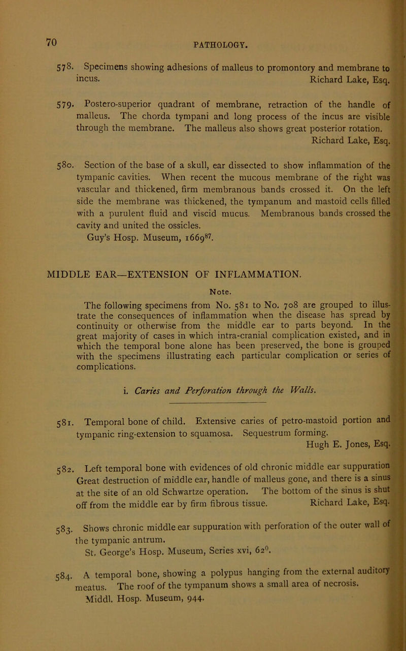 578. Specimens showing adhesions of malleus to promontory and membrane to incus. Richard Lake, Esq. 579. Postero-superior quadrant of membrane, retraction of the handle of malleus. The chorda tympani and long process of the incus are visible through the membrane. The malleus also shows great posterior rotation. Richard Lake, Esq. 580. Section of the base of a skull, ear dissected to show inflammation of the tympanic cavities. When recent the mucous membrane of the right was vascular and thickened, firm membranous bands crossed it. On the left side the membrane was thickened, the tympanum and mastoid cells filled with a purulent fluid and viscid mucus. Membranous bands crossed the cavity and united the ossicles. Guy’s Hosp. Museum, 166987. MIDDLE EAR—EXTENSION OF INFLAMMATION. Note. The following specimens from No. 581 to No. 708 are grouped to illus- trate the consequences of inflammation when the disease has spread by continuity or otherwise from the middle ear to parts beyond. In the great majority of cases in which intra-cranial complication existed, and in which the temporal bone alone has been preserved, the bone is grouped with the specimens illustrating each particular complication or series of complications. i. Caries and Perforation through the Walls. 581. Temporal bone of child. Extensive caries of petro-mastoid portion and tympanic ring-extension to squamosa. Sequestrum forming. Hugh E. Jones, Esq. 582. Left temporal bone with evidences of old chronic middle ear suppuration Great destruction of middle ear, handle of malleus gone, and there is a sinus at the site of an old Schwartze operation. The bottom of the sinus is shut off from the middle ear by firm fibrous tissue. Richard Lake, Esq. 583. Shows chronic middle ear suppuration with perforation of the outer wall of the tympanic antrum. St, George’s Hosp. Museum, Series xvi, 62°. 584. A temporal bone, showing a polypus hanging from the external auditory meatus. The roof of the tympanum shows a small area of necrosis. Middl. Hosp. Museum, 944-