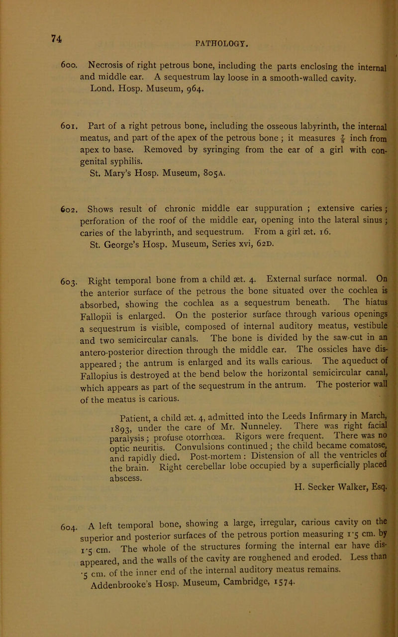 PATHOLOGY. 600. Necrosis of right petrous bone, including the parts enclosing the internal and middle ear. A sequestrum lay loose in a smooth-walled cavity. Lond. Hosp. Museum, 964. 601. Part of a right petrous bone, including the osseous labyrinth, the internal meatus, and part of the apex of the petrous bone ; it measures -g- inch from apex to base. Removed by syringing from the ear of a girl with con- genital syphilis. St. Mary’s Hosp. Museum, 805A. 602. Shows result of chronic middle ear suppuration ; extensive caries; perforation of the roof of the middle ear, opening into the lateral sinus ; caries of the labyrinth, and sequestrum. From a girl set. 16. St. George’s Hosp. Museum, Series xvi, 62D. 603. Right temporal bone from a child set. 4. External surface normal. On the anterior surface of the petrous the bone situated over the cochlea is absorbed, showing the cochlea as a sequestrum beneath. The hiatus Fallopii is enlarged. On the posterior surface through various openings a sequestrum is visible, composed of internal auditory meatus, vestibule and two semicircular canals. The bone is divided by the saw-cut in an antero-posterior direction through the middle ear. The ossicles have dis- appeared ; the antrum is enlarged and its walls carious. The aqueduct of Fallopius is destroyed at the bend below the horizontal semicircular canal, which appears as part of the sequestrum in the antrum. The posterior wall of the meatus is carious. Patient, a child set. 4, admitted into the Leeds Infirmary in March, 1893, under the care of Mr. Nunneley. There was right facial paralysis j profuse otorrhcea. Rigors were frequent. There was no optic neuritis. Convulsions continued; the child became comatose, and rapidly died. Post-mortem : Distension of all the ventricles of the brain. Right cerebellar lobe occupied by a superficially placed abscess. H. Seeker Walker, Esq. 604. A left temporal bone, showing a large, irregular, carious cavity on the superior and posterior surfaces of the petrous portion measuring 1*5 cm. by 1-5 cin. The whole of the structures forming the internal ear have dis- appeared, and the walls of the cavity are roughened and eroded. Less than •5 cm. of the inner end of the internal auditory meatus remains. Addenbrooke's Hosp. Museum, Cambridge, 15 74-