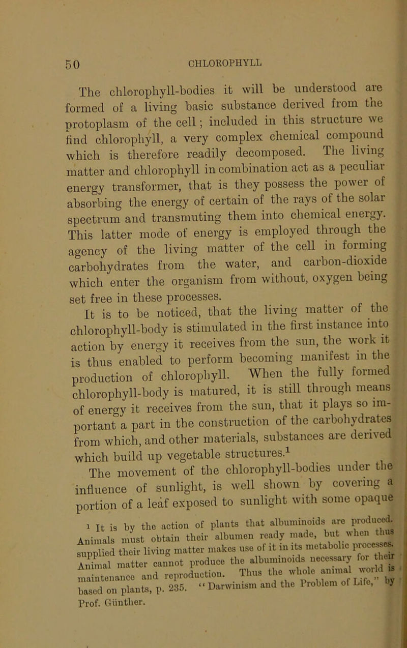 The chlorophyll-bodies it will be understood are formed of a living basic substance derived from the protoplasm of the cell; included in this structure we find chlorophyll, a very complex chemical compound which is therefore readily decomposed. The living matter and chlorophyll in combination act as a peculiar energy transformer, that is they possess the power of absorbing the energy of certain of the rays of the solar spectrum and transmuting them into chemical energy. This latter mode of energy is employed through the agency of the living matter of the cell in forming carbohydrates from the water, and carbon-dioxide which enter the organism from without, oxygen being set free in these processes. It is to be noticed, that the living matter of the chlorophyll-body is stimulated in the first instance into action by energy it receives from the sun, the work it is thus enabled to perform becoming manifest in the production of chlorophyll. When the fully formed chlorophyll-body is matured, it is still through means of energy it receives from the sun, that it plays so im- portant a part in the construction of the carbohydrates from which, and other materials, substances are derived which build up vegetable structures.^ The movement of the chlorophyll-bodies under the influence of sunlight, is well shown by covering a portion of a leaf exposed to sunlight with some opaque 1 It is by the action of plants that albuminoids are produced. Animals must obtain their albumen ready made, but when thus Supplied their living matter makes use of it in ite metobohe proce^ Anbnal matter cannot produce the albuminoids necessary for t e lintenance and reproduction. Thus the wliole animal uorld is based on plants, p. 235. “ Darwinism and the Problem of Life, } Prof. Giinther.