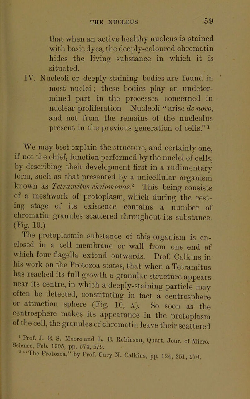 that when an active healthy nucleus is stained with basic dyes, the deeply-coloured chromatin hides the living substance in which it is situated. IV. Nucleoli or deeply staining bodies are found in most nuclei; these bodies play an undeter- mined part in the processes concerned in nuclear proliferation. Nucleoli “ arise de novo, and not from the remains of the nucleolus present in the previous generation of cells.” ^ We may best explain the structure, and certainly one, if not the chief, function performed by the nuclei of cells, by describing their development first in a rudimentary form, such as that presented by a unicellular organism known as Tetramitus cliilomonas? This being consists of a meshwork of protoplasm, which during the rest- ing stage of its existence contains a number of chromatin granules scattered throughout its substance. (Fig. 10.) fihe protoplasmic substance of this organism is en- closed in a cell membrane or wall from one end of which four flagella extend outwards. Prof. Calkins in his work on the Protozoa states, that when a Tetramitus has reached its full growth a granular structure appears near its centre, in which a deeply-staining particle may often be detected, constituting in fact a centrosphere or attraction sphere (Fig. 10, a). So soon as the centrosphere makes its appearance in the protoplasm of the cell, the granules of chromatin leave their scattered ’ Prof. J. E. S. Moore and L. E. Robinson, Quart. Jour, of Micro Science, Feb. 1905, pp. 574, 579. The Protozoa,” by Prof. Gary N. Calkins, pp. 124, 251, 270.