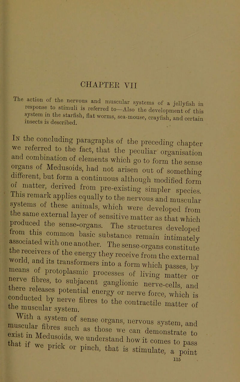 chaptp:e VII The action of the nervous and muscular systems of a jellyfish in response to stimuli is referred to—Also the development of this system m the starfish, flat worms, sea-mouse, crayfish, and certain insects IS described. In the oonchiding paragraphs of the preceding chapter we referred to the fact, that tl.e peculiar organisation and combination of elements which go to form the sense organs of Medusoids, had not arisen out of something different, but form a continuous although modified form or matter derived from pre-existing simpler species. This leniark applies equally to the nervous and muscular systems of these animals, which were developed from he same external layer of sensitive matter as that which produced the sense-organs. The structures developed from this common basic substance remain intimately associated with one another. The sense-organs constitute the receivers of the energy they receive from the external r d, and Its transformers into a form which passes by means of protoplasmic processes of living Ltter or nerve res, to subjacent ganglionic nerve-cells, and ere releases potential energy or nerve force which is conducted by uecve fibres to Ihe contractiirmiue, the muscular system. With a system of sense organs, nervous system and ist m Medusoids, we understand how it comes to pass that If we pnek or pinch, that is stimulate, a pS