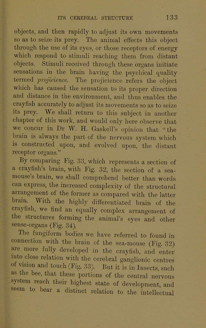 objects, and then rapidly to adjust its own movements so as to seize its prey. The animal effects this object through the use of its eyes, or those receptors of energy which respond to stimuli reaching them from distant objects. Stimuli received through these organs initiate sensations in the brain having the psychical quality termed projicience. The projicience refers the object which has caused the sensation to its proper direction and distance in the environment, and thus enables the crayfish accurately to adjust its movements so as to seize its prey. We shall return to this subject in another chapter of this work, and would only here observe that we concur in Dr W. H. Gaskell’s opinion that “the brain is always the part of the nervous system wiiich is constructed upon, and evolved upon, the distant receptor organs.” By comparing Fig. 33, which represents a section of a crayfish s brain, with Fig. 32, the section of a sea- mouse s brain, we shall comprehend better than words can express, the increased complexity of the structural arrangement of the former as compared with the latter brain. With the highly differentiated brain of the crayfish, we find an equally complex arrangement of the structures forming the animal’s eyes and other sense-organs (Fig. 34). Ihe fungiform bodies we have referred to found in connection with the brain of the sea-mouse (Fig. 32) are more fully developed in the crayfish, and enter into close relation with the cerebral ganglionic centres of vision and touch (Fig. 33). But it is in Insects, such as the bee, that these portions of the central nervous system reach their highest state of development, and seem to bear a distinct relation to the intellectual