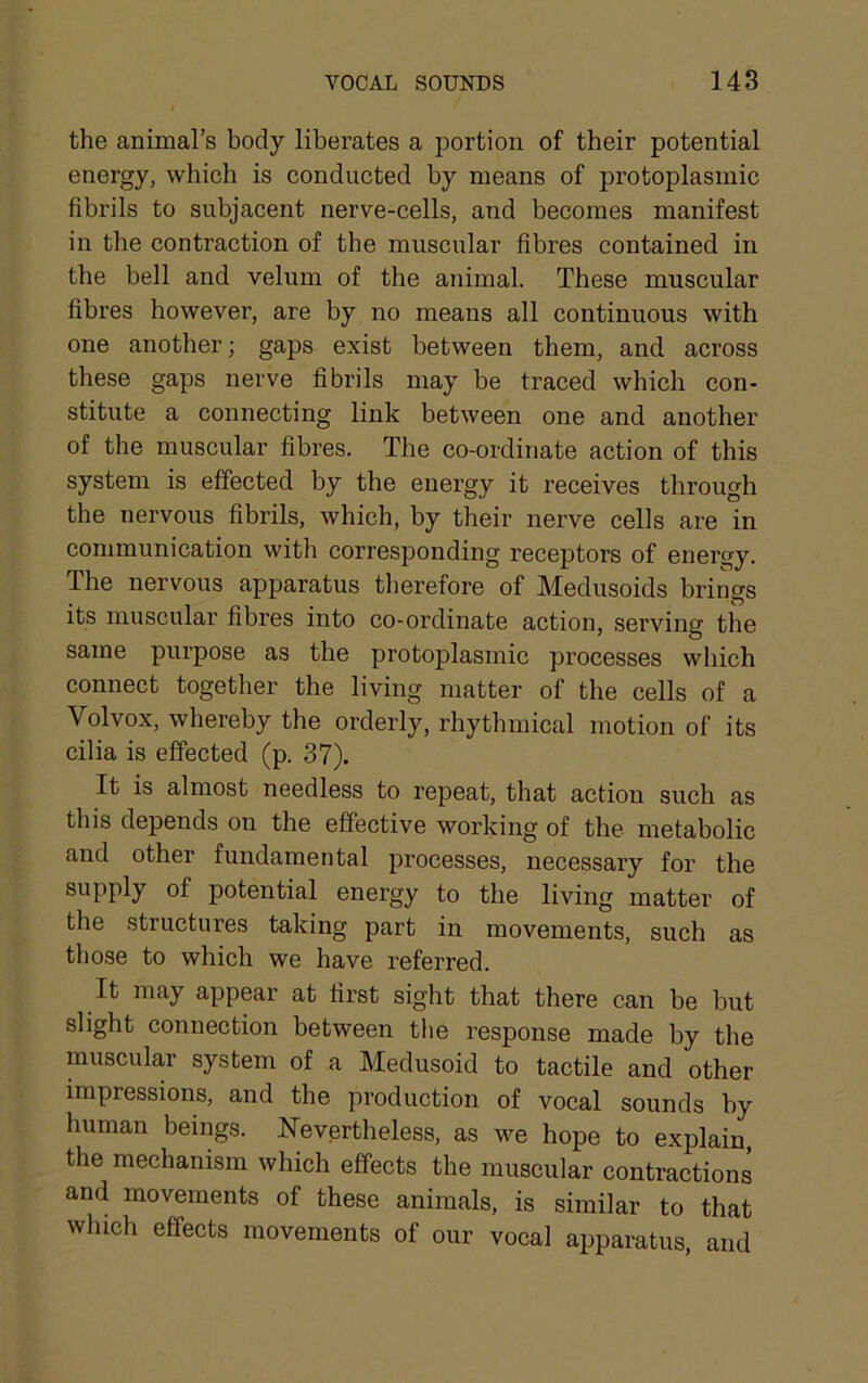 the animal’s body liberates a portion of their potential energy, which is conducted by means of protoplasmic fibrils to subjacent nerve-cells, and becomes manifest in the contraction of the muscular fibres contained in the bell and velum of the animal. These muscular fibres however, are by no means all continuous with one another; gaps exist between them, and across these gaps nerve fibrils may be traced which con- stitute a connecting link between one and another of the muscular fibres. The co-ordinate action of this system is effected by the energy it receives through the nervous fibrils, which, by their nerve cells are in communication witli corresponding receptors of energy. The nervous apparatus therefore of Medusoids brings its muscular fibres into co-ordinate action, serving the same purpose as the protoplasmic processes which connect together the living matter of the cells of a Volvox, whereby the orderly, rhythmical motion of its cilia is effected (p. 37). It is almost needless to repeat, that action such as this depends on the effective working of the metabolic and other fundamental processes, necessary for the supply of potential energy to the living matter of the structures taking part in movements, such as those to which we have referred. It may appear at first sight that there can be but slight connection between the response made by the muscular system of a Medusoid to tactile and other impressions, and the production of vocal sounds by human beings. ISrevertheless, as we hope to explain, the mechanism which effects the muscular contractions and movements of these animals, is similar to that which effects movements of our vocal apparatus, and