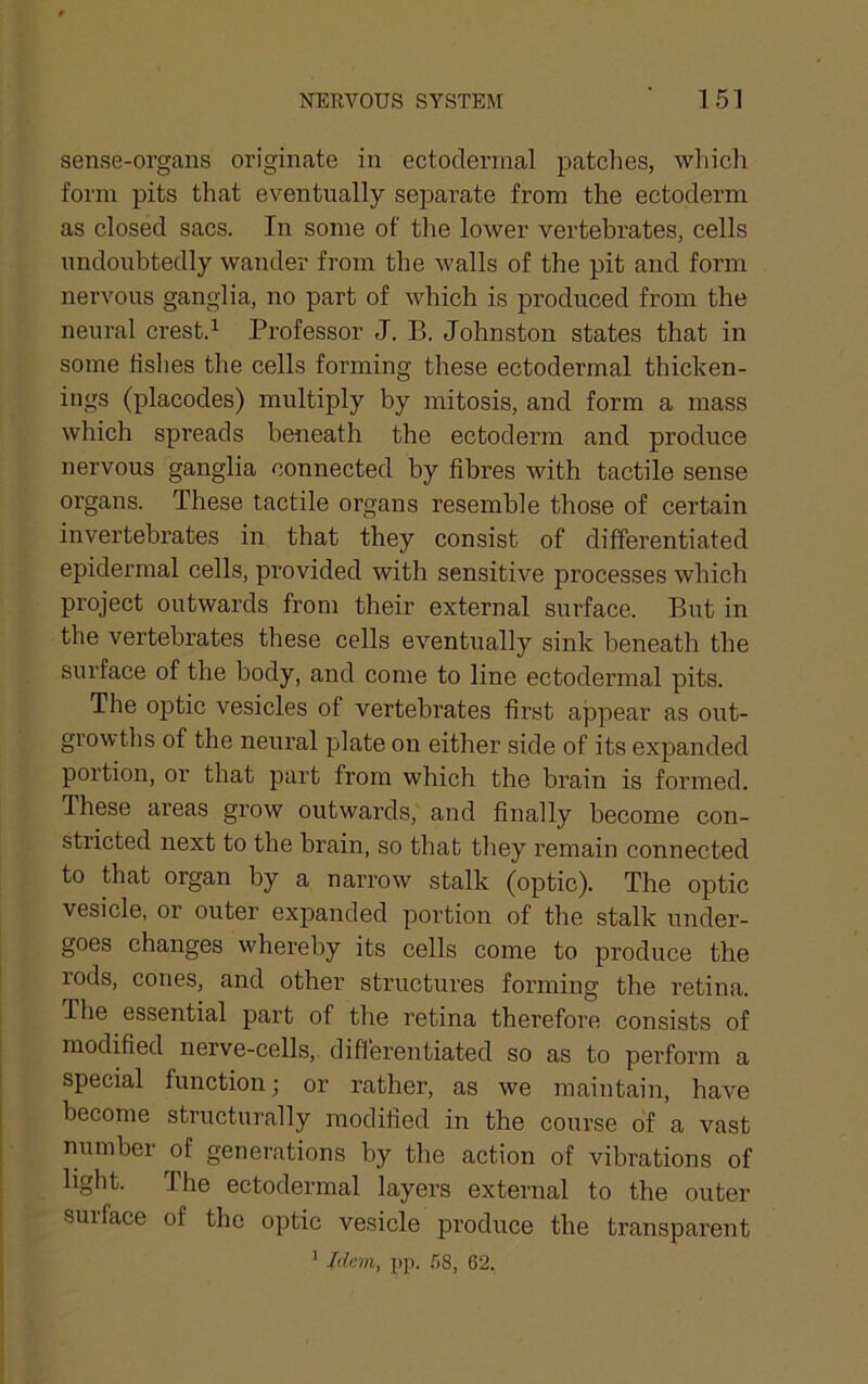 sense-organs originate in ectodermal patches, whicli form pits that eventually separate from the ectoderm as closed sacs. In some of the lower vertebrates, cells undoubtedly wander from the walls of the pit and form nervous ganglia, no part of which is produced from the neural crest.^ Professor J. B. Johnston states that in some lislies the cells forming these ectodermal thicken- ings (placodes) multiply by mitosis, and form a mass which spreads beneath the ectoderm and produce nervous ganglia connected by fibres with tactile sense organs. These tactile organs resemble those of certain invertebrates in that they consist of differentiated epidermal cells, provided with sensitive processes which project outwards from their external surface. But in the vertebrates these cells eventually sink beneath the surface of the body, and come to line ectodermal pits. The optic vesicles of vertebrates first appear as out- growths of the neural plate on either side of its expanded portion, or that part from which the brain is formed. These areas grow outwards, and finally become con- stricted next to the brain, so that they remain connected to that organ by a narrow stalk (optic). The optic vesicle, or outer expanded portion of the stalk under- goes changes whereby its cells come to produce the rods, cones, and other structures forming the retina. The essential part of the retina therefore consists of modified nerve-cells, diflerentiated so as to perform a special function; or rather, as we maintain, have become structurally modified in the course of a vast number of generations by the action of vibrations of light. The ectodermal layers external to the outer surface of the optic vesicle produce the transparent ^ I<ie7ii, pp. .'58, 62.