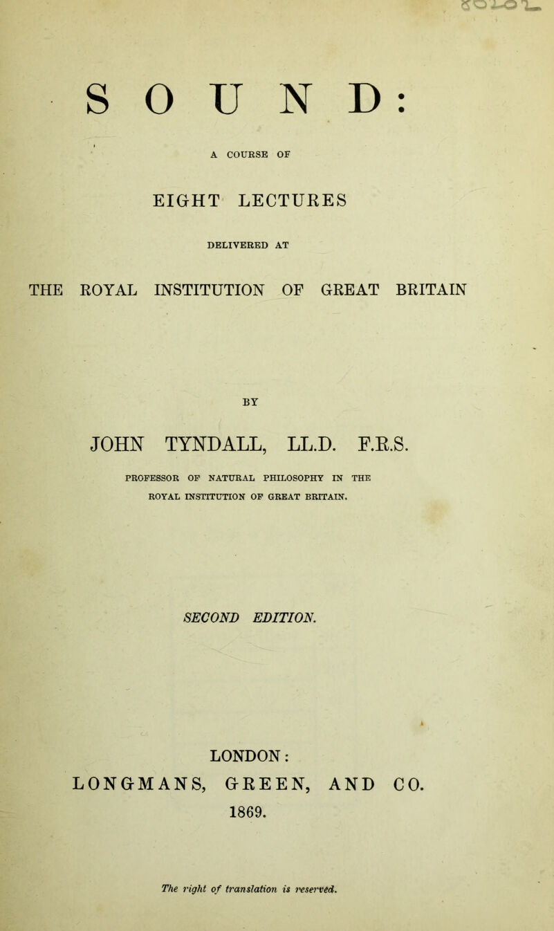 SOUND COWL A COURSE OF EIGHT LECTURES DELIVERED AT THE ROYAL INSTITUTION OF GREAT BRITAIN BY JOHN TYNDALL, LL.D. E.E.8. PROFESSOR OF NATURAL PHILOSOPHY IN THE ROYAL INSTITUTION OF GREAT BRITAIN. SECOND EDITION. LONDON: LONGMANS, GREEN, AND CO. 1869. The right of translation is reserved.