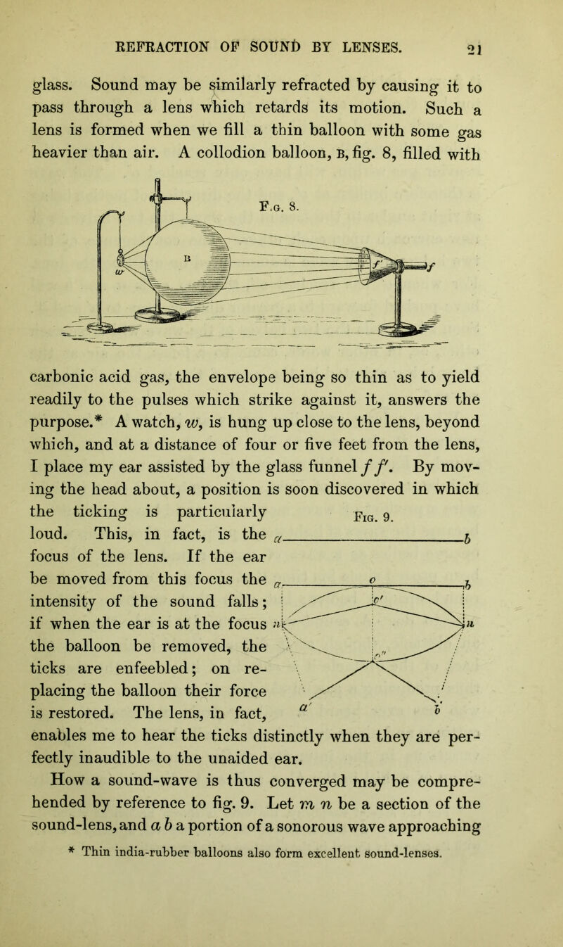 glass. Sound may be similarly refracted by causing it to pass through a lens which retards its motion. Such a lens is formed when we fill a thin balloon with some gas heavier than air. A collodion balloon, b, fig. 8, filled with carbonic acid gas, the envelope being so thin as to yield readily to the pulses which strike against it, answers the purpose.* A watch, w9 is hung up close to the lens, beyond which, and at a distance of four or five feet from the lens, I place my ear assisted by the glass funnel//'. By mov- ing the head about, a position is soon discovered in which the ticking is particularly pIG 9 loud. This, in fact, is the a focus of the lens. If the ear be moved from this focus the ffr intensity of the sound falls; if when the ear is at the focus the balloon be removed, the ticks are enfeebled; on re- placing the balloon their force is restored. The lens, in fact, enables me to hear the ticks distinctly when they are per- fectly inaudible to the unaided ear. How a sound-wave is thus converged may be compre- hended by reference to fig. 9. Let m n be a section of the sound-lens, and a b a portion of a sonorous wave approaching * Thin india-rubber balloons also form excellent sound-lenses.