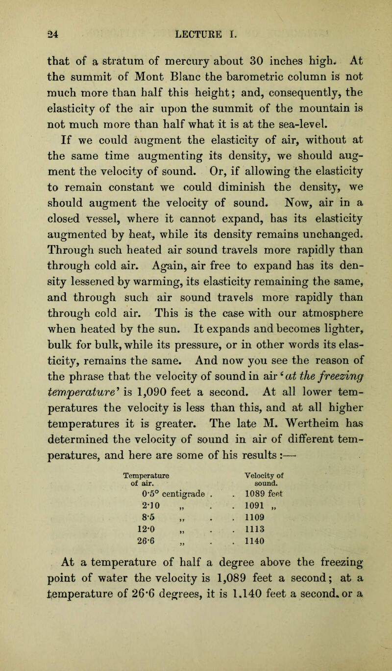 that of a stratum of mercury about 30 inches high. At the summit of Mont Blanc the barometric column is not much more than half this height; and, consequently, the elasticity of the air upon the summit of the mountain is not much more than half what it is at the sea-level. If we could augment the elasticity of air, without at the same time augmenting its density, we should aug- ment the velocity of sound. Or, if allowing the elasticity to remain constant we could diminish the density, we should augment the velocity of sound. Now, air in a closed vessel, where it cannot expand, has its elasticity augmented by heat, while its density remains unchanged. Through such heated air sound travels more rapidly than through cold air. Again, air free to expand has its den- sity lessened by warming, its elasticity remaining the same, and through such air sound travels more rapidly than through cold air. This is the case with our atmosphere when heated by the sun. It expands and becomes lighter, bulk for bulk, while its pressure, or in other words its elas- ticity, remains the same. And now you see the reason of the phrase that the velocity of sound in air6 at the freezing temperature9 is 1,090 feet a second. At all lower tem- peratures the velocity is less than this, and at all higher temperatures it is greater. The late M. Wertheim has determined the velocity of sound in air of different tem- peratures, and here are some of his results :— Temperature of air. Velocity of sound. O^0 centigrade . . 1089 feet 2*] 0 . 1091 „ 8*5 . 1109 12-0 . 1113 26*6 . 1140 At a temperature of half a degree above the freezing point of water the velocity is 1,089 feet a second; at a temperature of 26*6 degrees, it is 1.140 feet a second, or a