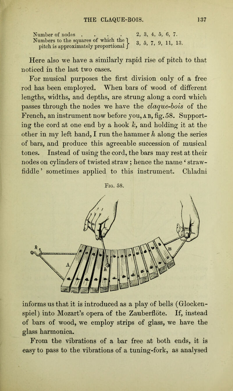 Number of nodes . . . . 2, 3, 4, 5, 6, 7. Numbers to the squares of which the 1 g ^ - g ^ jg pitch is approximately proportional J ’ ’ ’ ’ ’ Here also we have a similarly rapid rise of pitch to that noticed in the last two cases. For musical purposes the first division only of a free rod has been employed. When bars of wood of different lengths, widths, and depths, are strung along a cord which passes through the nodes we have the claque-bois of the French, an instrument now before you, ab, fig. 58. Support- ing the cord at one end by a hook k, and holding it at the other in my left hand, I run the hammer h along the series of bars, and produce this agreeable succession of musical tones. Instead of using the cord, the bars may rest at their nodes on cylinders of twisted straw; hence the name e straw- fiddle ’ sometimes applied to this instrument. Chladni Eig. 58. informs us that it is introduced as a play of bells (Glocken- spiel) into Mozart’s opera of the Zauberflote. If, instead of bars of wood, we employ strips of glass, we have the glass harmonica. From the vibrations of a bar free at both ends, it is easy to pass to the vibrations of a tuning-fork, as analysed