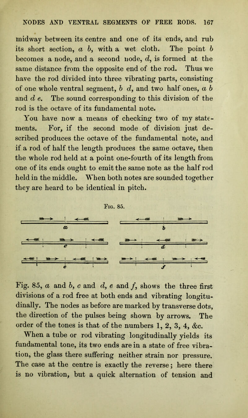 midway between its centre and one of its ends, and rub its short section, a 6, with a wet cloth. The point b becomes a node, and a second node, d, is formed at the same distance from the opposite end of the rod. Thus we have the rod divided into three vibrating parts, consisting of one whole ventral segment, b d, and two half ones, a b and d e. The sound corresponding to this division of the rod is the octave of its fundamental note. You have now a means of checking two of my state- ments. For, if the second mode of division just de- scribed produces the octave of the fundamental note, and if a rod of half the length produces the same octave, then the whole rod held at a point one-fourth of its length from one of its ends ought to emit the same note as the half rod held in the middle. When both notes are sounded together they are heard to be identical in pitch. Fig. 85. Fig. 85, a and b, c and d, e and /, shows the three first divisions of a rod free at both ends and vibrating longitu- dinally. The nodes as before are marked by transverse dots, the direction of the pulses being shown by arrows. The order of the tones is that of the numbers 1, 2, 3, 4, &c. When a tube or rod vibrating longitudinally yields its fundamental tone, its two ends are in a state of free vibra- tion, the glass there suffering neither strain nor pressure. The case at the centre is exactly the reverse; here there is no vibration, but a quick alternation of tension and