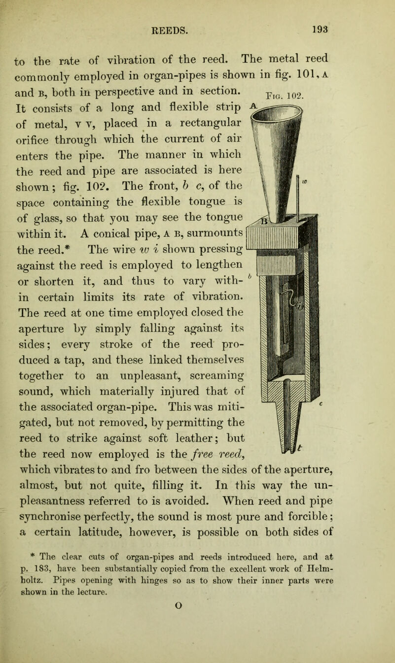 to the rate of vibration of the reed. The metal reed commonly employed in organ-pipes is shown in fig. 101, a and b, both in perspective and in section. It consists of a long and flexible strip of metal, v v, placed in a rectangular orifice through which the current of air enters the pipe. The manner in which the reed and pipe are associated is here shown; fig. 102. The front, b c, of the space containing the flexible tongue is of glass, so that you may see the tongue within it. A conical pipe, A b, surmounts the reed.* The wire w i shown pressing against the reed is employed to lengthen or shorten it, and thus to vary with- in certain limits its rate of vibration. The reed at one time employed closed the aperture by simply falling against its sides; every stroke of the reed pro- duced a tap, and these linked themselves together to an unpleasant, screaming sound, which materially injured that of the associated organ-pipe. This was miti- gated, but not removed, by permitting the reed to strike against soft leather; but the reed now employed is the free reed, which vibrates to and fro between the sides of the aperture, almost, but not quite, filling it. In this way the un- pleasantness referred to is avoided. When reed and pipe synchronise perfectly, the sound is most pure and forcible; a certain latitude, however, is possible on both sides of * The clear cuts of organ-pipes and reeds introduced here, and at p. 183, have been substantially copied from the excellent work of Helm- holtz. Pipes opening with hinges so as to show their inner parts were shown in the lecture. O