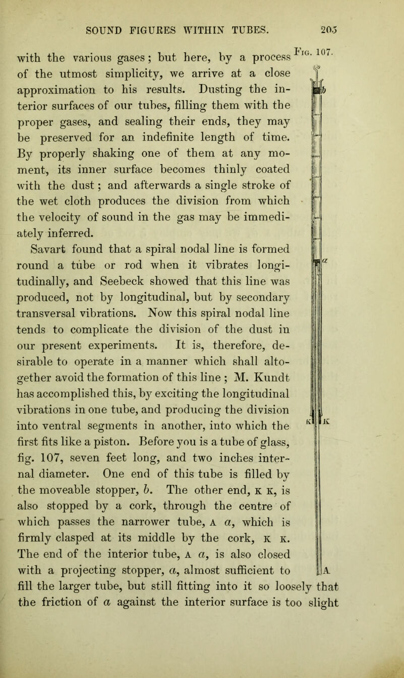 with the various gases; but here, by a process*IG' 107' of the utmost simplicity, we arrive at a close approximation to his results. Dusting the in- terior surfaces of our tubes, filling them with the proper gases, and sealing their ends, they may be preserved for an indefinite length of time. By properly shaking one of them at any mo- ment, its inner surface becomes thinly coated with the dust; and afterwards a single stroke of the wet cloth produces the division from which the velocity of sound in the gas may be immedi- ately inferred. Savart found that a spiral nodal line is formed round a tube or rod when it vibrates longi- tudinally, and Seebeck showed that this line was produced, not by longitudinal, but by secondary transversal vibrations. Now this spiral nodal line tends to complicate the division of the dust in our present experiments. It is, therefore, de- sirable to operate in a manner which shall alto- gether avoid the formation of this line ; M. Kundt has accomplished this, by exciting the longitudinal vibrations in one tube, and producing the division into ventral segments in another, into which the first fits like a piston. Before you is a tube of glass, fig. 107, seven feet long, and two inches inter- nal diameter. One end of this tube is filled by the moveable stopper, b. The other end, k k, is also stopped by a cork, through the centre of which passes the narrower tube, a a, which is firmly clasped at its middle by the cork, k k. The end of the interior tube, A a, is also closed with a projecting stopper, a, almost sufficient to fill the larger tube, but still fitting into it so loosely that the friction of a against the interior surface is too slight