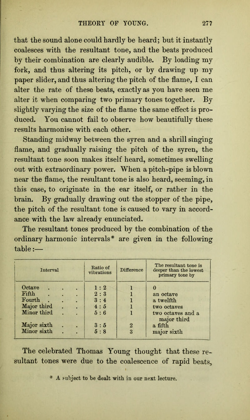 that the sound alone could hardly be heard; but it instantly coalesces with the resultant tone, and the beats produced by their combination are clearly audible. By loading my fork, and thus altering its pitch, or by drawing up my paper slider, and thus altering the pitch of the flame, I can alter the rate of these beats, exactly as you have seen me alter it when comparing two primary tones together. By slightly varying the size of the flame the same effect is pro- duced. You cannot fail to observe how beautifully these results harmonise with each other. Standing midway between the syren and a shrill singing flame, and gradually raising the pitch of the syren, the resultant tone soon makes itself heard, sometimes swelling out with extraordinary power. When a pitch-pipe is blown near the flame, the resultant tone is also heard, seeming, in this case, to originate in the ear itself, or rather in the brain. By gradually drawing out the stopper of the pipe, the pitch of the resultant tone is caused to vary in accord- ance with the law already enunciated. The resultant tones produced by the combination of the ordinary harmonic intervals* are given in the following table:— Interval Ratio of vibrations Difference The resultant tone is deeper than the lowest primary tone by Octave 1 : 2 l 0 Fifth 2 : 3 1 an octave Fourth . 3 : 4 1 a twelfth Major third 4 : 5 1 two octaves Minor third 5 : 6 1 two octaves and a major third Major sixth 3 : 5 2 a fifth Minor sixth 5 : 8 3 major sixth The celebrated Thomas Young thought that these re- sultant tones were due to the coalescence of rapid beats. * A subject to be dealt with in our next lecture.