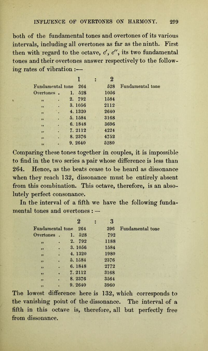 both of the fundamental tones and overtones of its various intervals, including all overtones as far as the ninth. First then with regard to the octave, </, c, its two fundamental tones and their overtones answer respectively to the follow- ing rates of vibration :— 1 : 2 Fundamental tone 264 528 Fundamental tone Overtones . 1. 528 1056 » „ • 2. 792 1584 „ . 3. 1056 2112 „ . 4. 1320 2640 „ . 5. 1584 3168 „ . 6. 1848 3696 „ . 7. 2112 4224 „ . 8. 2376 4752 „ . 9. 2640 5280 Comparing these tones together in couples, it is impossible to find in the two series a pair whose difference is less than 264. Hence, as the beats cease to be heard as dissonance when they reach 132, dissonance must be entirely absent from this combination. This octave, therefore, is an abso- lutely perfect consonance. In the interval of a fifth we mental tones and overtones : — have the following funda- 2 : 3 Fundamental tone 264 396 Fundamental tone Overtones . 1. 528 792 „ . 2. 792 1188 „ . 3. 1056 1584 „ . 4. 1320 1980 „ . 5. 1584 2376 „ . 6. 1848 2772 „ . 7. 2112 3168 „ . 8. 2376 3564 „ . 9. 2640 3960 The lowest difference here is 132, which corresponds to the vanishing point of the dissonance. The interval of a fifth in this octave is, therefore, all but perfectly free from dissonance.