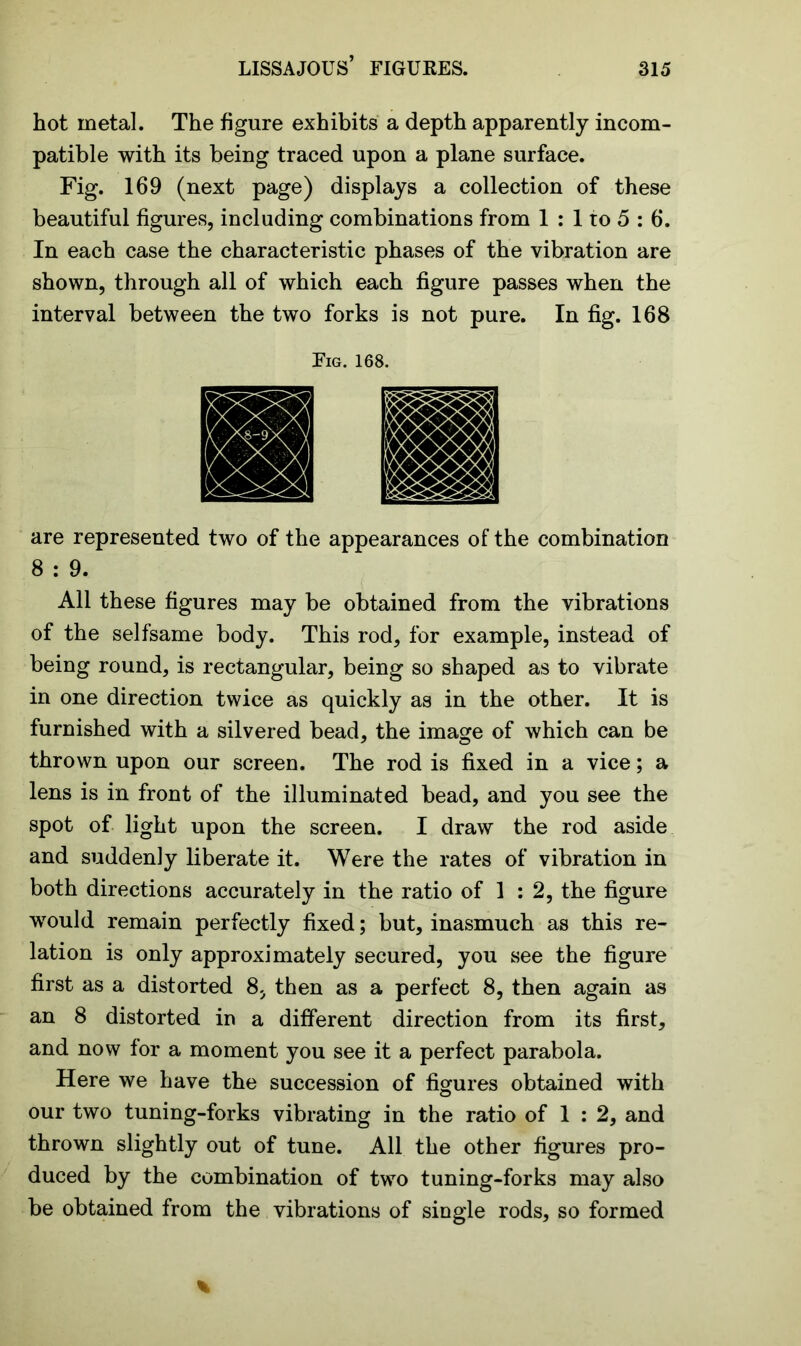 hot metal. The figure exhibits a depth apparently incom- patible with its being traced upon a plane surface. Fig. 169 (next page) displays a collection of these beautiful figures, including combinations from 1 : 1 to 5 : 6. In each case the characteristic phases of the vibration are shown, through all of which each figure passes when the interval between the two forks is not pure. In fig. 168 Fig. 168. are represented two of the appearances of the combination 8:9. All these figures may be obtained from the vibrations of the selfsame body. This rod, for example, instead of being round, is rectangular, being so shaped as to vibrate in one direction twice as quickly as in the other. It is furnished with a silvered bead, the image of which can be thrown upon our screen. The rod is fixed in a vice; a lens is in front of the illuminated bead, and you see the spot of light upon the screen. I draw the rod aside and suddenly liberate it. Were the rates of vibration in both directions accurately in the ratio of 1 : 2, the figure would remain perfectly fixed; but, inasmuch as this re- lation is only approximately secured, you see the figure first as a distorted 8, then as a perfect 8, then again as an 8 distorted in a different direction from its first, and now for a moment you see it a perfect parabola. Here we have the succession of figures obtained with our two tuning-forks vibrating in the ratio of 1 : 2, and thrown slightly out of tune. All the other figures pro- duced by the combination of two tuning-forks may also be obtained from the vibrations of single rods, so formed