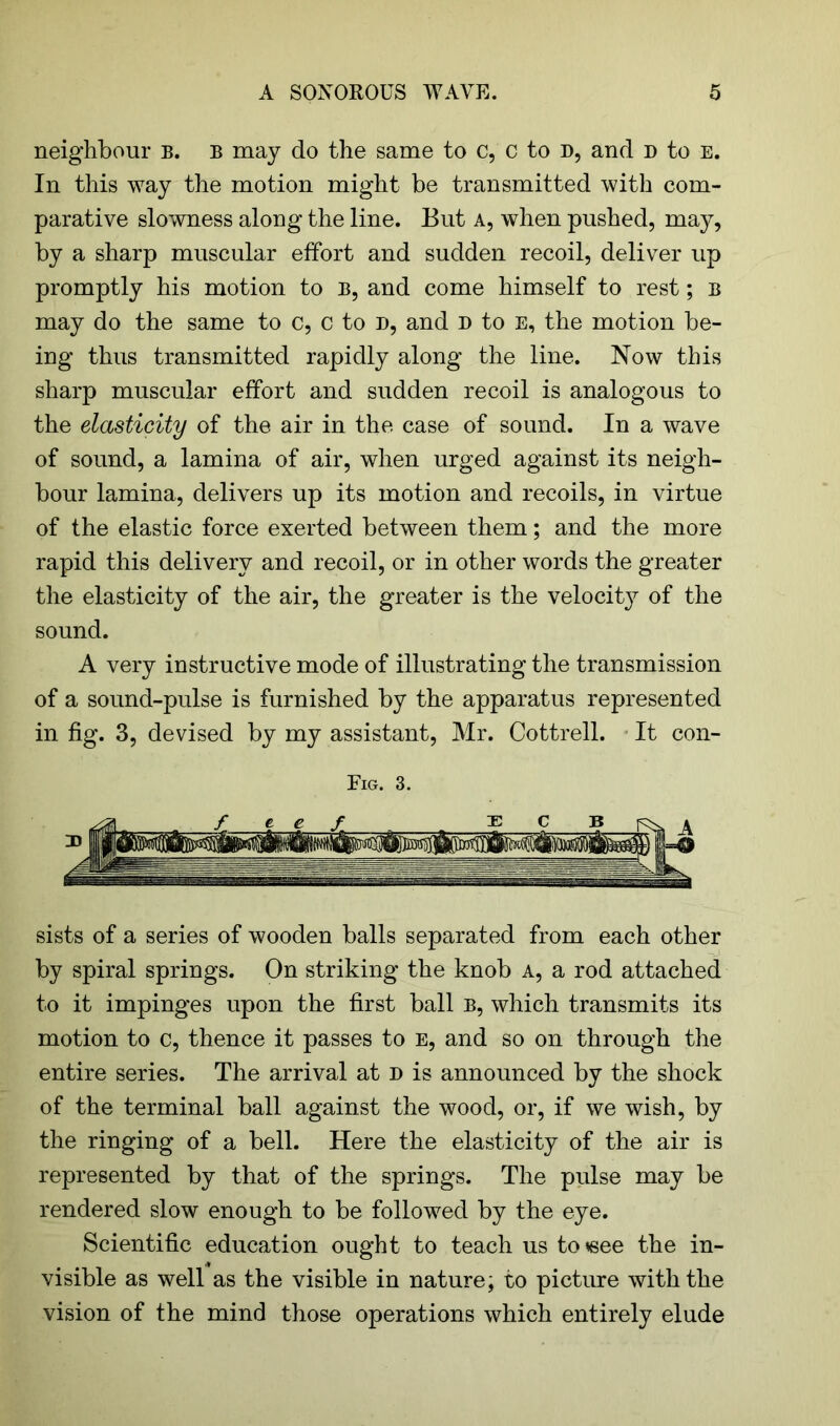 neighbour b. b may do the same to c, c to d, and d to e. In this way the motion might be transmitted with com- parative slowness along the line. But a, when pushed, may, by a sharp muscular effort and sudden recoil, deliver up promptly his motion to B, and come himself to rest; b may do the same to c, c to d, and d to e, the motion be- ing thus transmitted rapidly along the line. Now this sharp muscular effort and sudden recoil is analogous to the elasticity of the air in the case of sound. In a wave of sound, a lamina of air, when urged against its neigh- bour lamina, delivers up its motion and recoils, in virtue of the elastic force exerted between them; and the more rapid this delivery and recoil, or in other words the greater the elasticity of the air, the greater is the velocity of the sound. A very instructive mode of illustrating the transmission of a sound-pulse is furnished by the apparatus represented in fig. 3, devised by my assistant, Mr. Cottrell. It con- Fig. 3. sists of a series of wooden balls separated from each other by spiral springs. On striking the knob a, a rod attached to it impinges upon the first ball b, which transmits its motion to c, thence it passes to E, and so on through the entire series. The arrival at d is announced by the shock of the terminal ball against the wood, or, if we wish, by the ringing of a bell. Here the elasticity of the air is represented by that of the springs. The pulse may be rendered slow enough to be followed by the eye. Scientific education ought to teach us to«ee the in- visible as well as the visible in nature; to picture with the vision of the mind those operations which entirely elude