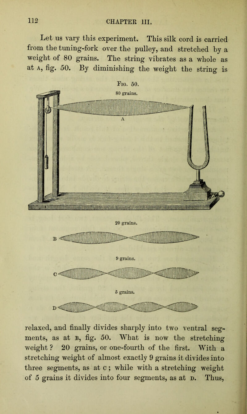 Let us vary this experiment. This silk cord is carried from the tuning-fork over the pulley, and stretched by a weight of 80 grains. The string vibrates as a whole as at a, fig. 50. By diminishing the weight the string is Pig. 50. 20 grains. 9 grains. relaxed, and finally divides sharply into two ventral seg- ments, as at B, fig. 50. What is now the stretching weight ? 20 grains, or one-fourth of the first. With a stretching weight of almost exactly 9 grains it divides into three segments, as at c; while with a stretching weight of 5 grains it divides into four segments, as at d. Thus,