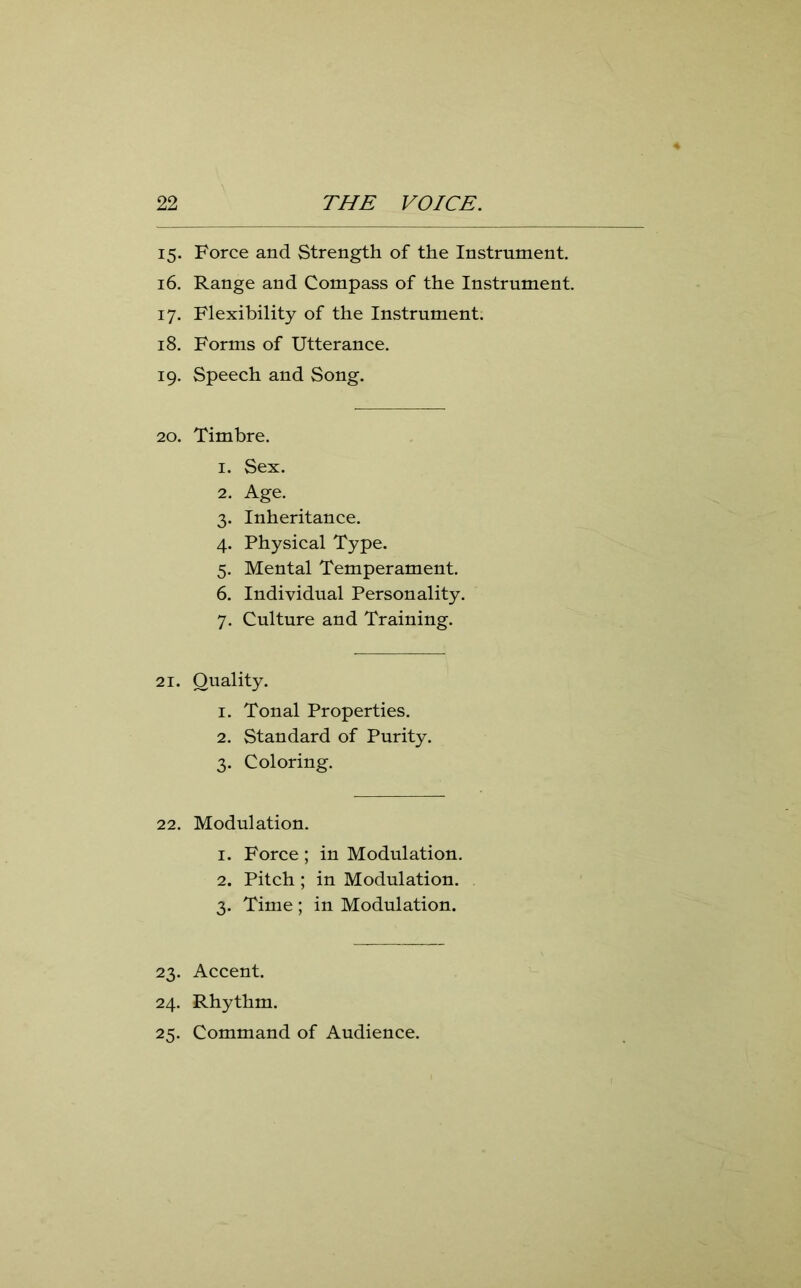 15. Force and Strength of the Instrument. 16. Range and Compass of the Instrument. 17. Flexibility of the Instrument. 18. Forms of Utterance. 19. Speech and Song. 20. Timbre. 1. Sex. 2. Age. 3. Inheritance. 4. Physical Type. 5. Mental Temperament. 6. Individual Personality. 7. Culture and Training. 21. Quality. 1. Tonal Properties. 2. Standard of Purity. 3. Coloring. 22. Modulation. 1. Force ; in Modulation. 2. Pitch; in Modulation. 3. Time ; in Modulation. 23. Accent. 24. Rhythm. 25. Command of Audience.