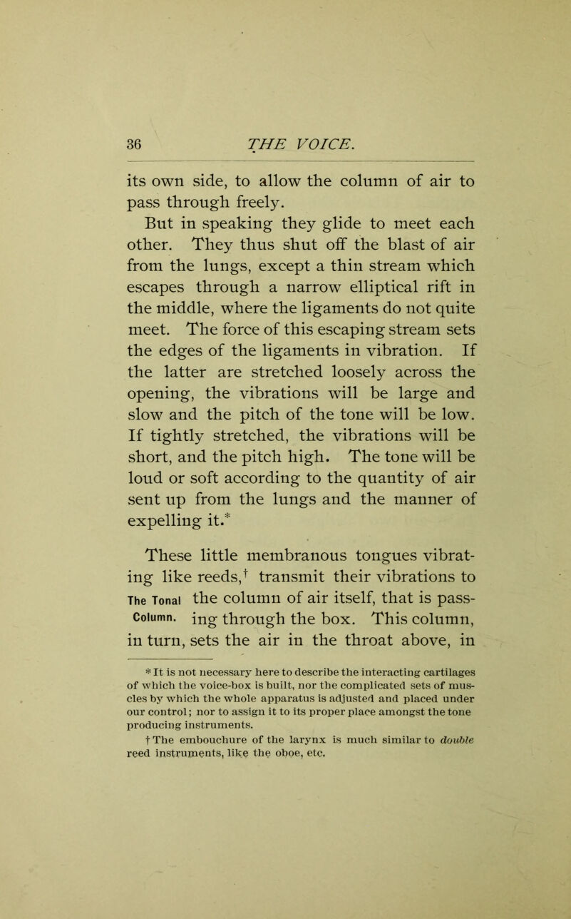 its own side, to allow the column of air to pass through freely. But in speaking they glide to meet each other. They thus shut off the blast of air from the lungs, except a thin stream which escapes through a narrow elliptical rift in the middle, where the ligaments do not quite meet. The force of this escaping stream sets the edges of the ligaments in vibration. If the latter are stretched loosely across the opening, the vibrations will be large and slow and the pitch of the tone will be low. If tightly stretched, the vibrations will be short, and the pitch high. The tone will be loud or soft according to the quantity of air sent up from the lungs and the manner of expelling it.* These little membranous tongues vibrat- ing like reeds,+ transmit their vibrations to The Tonal the column of air itself, that is pass- Coiumn. jng through the box. This column, in turn, sets the air in the throat above, in * It is not necessary here to describe the interacting cartilages of which the voice-box is built, nor the complicated sets of mus- cles by which the whole apparatus is adjusted and placed under our control; nor to assign it to its proper place amongst the tone producing instruments. f The embouchure of the larynx is much similar to double reed instruments, like the oboe, etc.