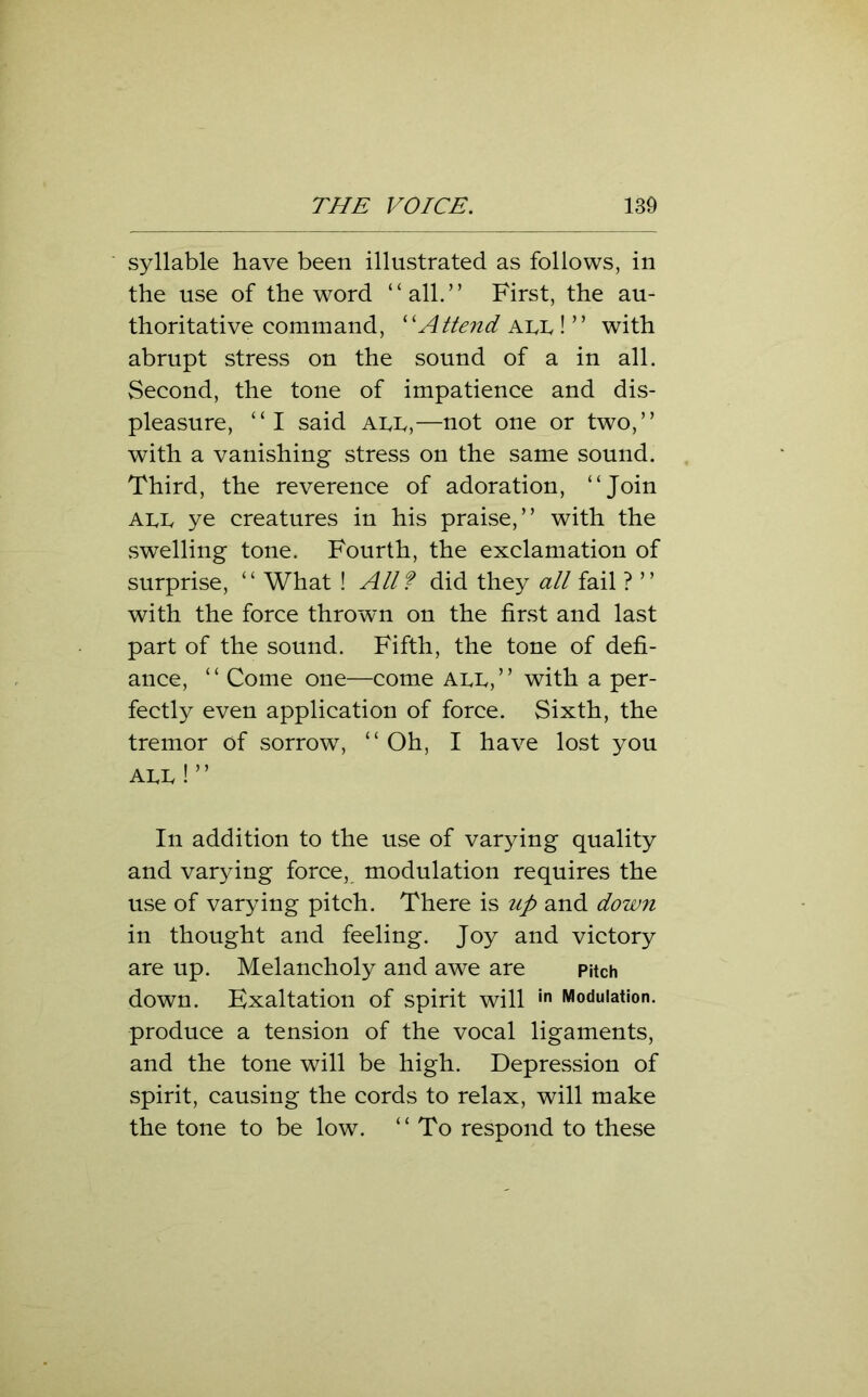 syllable have been illustrated as follows, in the use of the word “all.” First, the au- thoritative command, “Attend aix! ” with abrupt stress on the sound of a in all. Second, the tone of impatience and dis- pleasure, “I said AUv,—not one or two,” with a vanishing stress on the same sound. Third, the reverence of adoration, “Join A lx ye creatures in his praise,” with the .swelling tone. Fourth, the exclamation of surprise, “ What ! All? did they all fail ? ” with the force thrown on the first and last part of the sound. Fifth, the tone of defi- ance, “ Come one—come aix,” with a per- fectly even application of force. Sixth, the tremor of sorrow, “ Oh, I have lost you aix ! ’ ’ In addition to the use of varying quality and varying force, modulation requires the use of varying pitch. There is up and down in thought and feeling. Joy and victory are up. Melancholy and awe are pitch down. Exaltation of spirit will in Modulation, produce a tension of the vocal ligaments, and the tone will be high. Depression of spirit, causing the cords to relax, will make the tone to be low. ‘ ‘ To respond to these