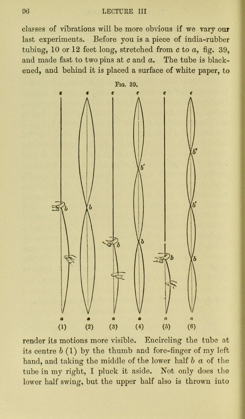 classes of vibrations will be more obvious if we vary our last experiments. Before you is a piece of india-rubber tubing, 10 or 12 feet long, stretched from c to a, fig. 39, and made fast to two pins at c and a. The tube is black- ened, and behind it is placed a surface of white paper, to render its motions more visible. Encircling the tube at its centre 6(1) by the thumb and fore-finger of my left hand, and taking the middle of the lower half b a of the tube in my right, I pluck it aside. Not only does the lower half swing, but the upper half also is thrown into