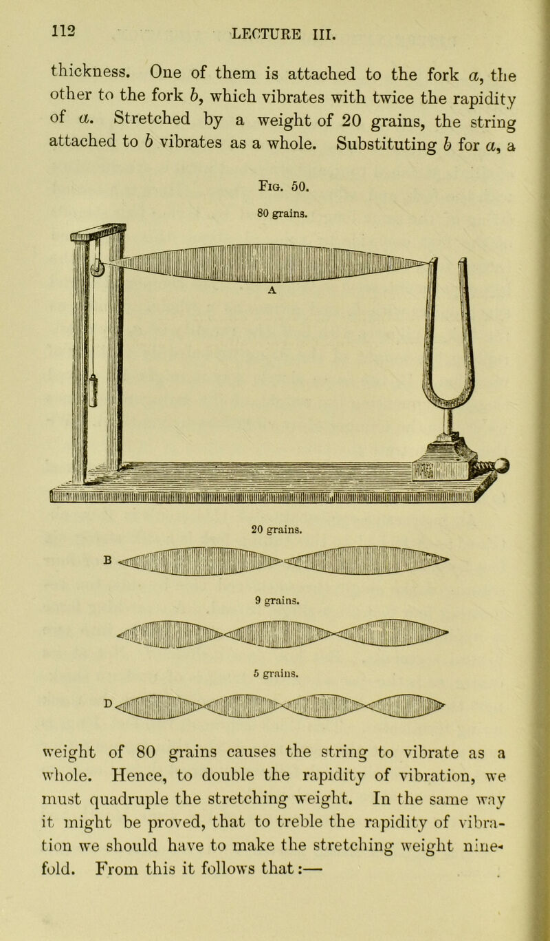 thickness. One of them is attached to the fork a, the other to the fork b, which vibrates with twice the rapidity of a. Stretched by a weight of 20 grains, the string attached to b vibrates as a whole. Substituting b for a, a Fig. 50. 80 grains. 20 grains. weight of 80 grains causes the string to vibrate as a whole. Hence, to double the rapidity of vibration, we must quadruple the stretching weight. In the same way it might be proved, that to treble the rapidity of vibra- tion we should have to make the stretching weight nine- fold. From this it follows that:—