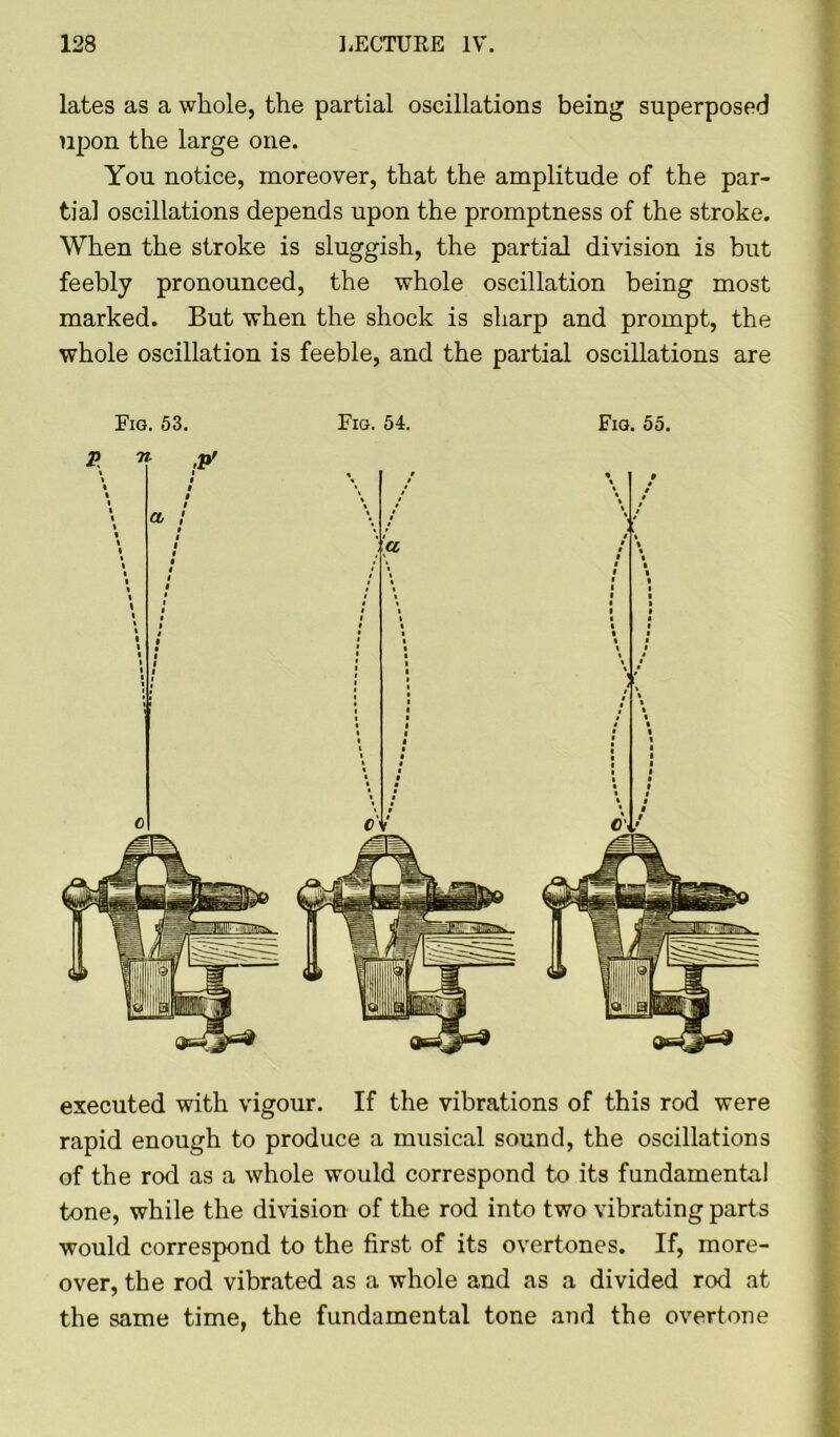lates as a whole, the partial oscillations being superposed upon the large one. You notice, moreover, that the amplitude of the par- tial oscillations depends upon the promptness of the stroke. When the stroke is sluggish, the partial division is but feebly pronounced, the whole oscillation being most marked. But when the shock is sharp and prompt, the whole oscillation is feeble, and the partial oscillations are Fig. 53. Fig. 54. Fig. 55. o executed with vigour. If the vibrations of this rod were rapid enough to produce a musical sound, the oscillations of the rod as a whole would correspond to its fundamental tone, while the division of the rod into two vibrating parts would correspond to the first of its overtones. If, more- over, the rod vibrated as a whole and as a divided rod at the same time, the fundamental tone and the overtone