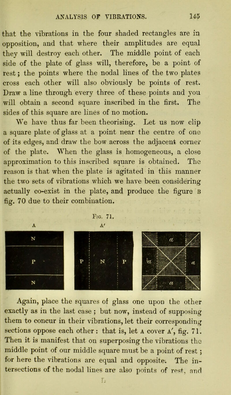 that the vibrations in the four shaded rectangles are in opposition, and that where their amplitudes are equal they will destroy each other. The middle point of each side of the plate of glass will, therefore, be a point of rest; the points where the nodal lines of the two plates cross each other will also obviously be points of rest. Draw a line through every three of these points and you will obtain a second square inscribed in the first. The sides of this square are lines of no motion. We have thus far been theorising. Let us now clip a square plate of glass at a point near the centre of one of its edges, and draw the bow across the adjacent corner of the plate. When the glass is homogeneous, a close approximation to this inscribed square is obtained. The reason is that when the plate is agitated in this manner the two sets of vibrations which we have been considering actually co-exist in the plate, and produce the figure B fig. 70 due to their combination. Fig. 71. Again, place the squares of glass one upon the other exactly as in the last case ; but now, instead of supposing them to concur in their vibrations, let their corresponding sections oppose each other : that is, let a cover a', fig. 71. Then it is manifest that on superposing the vibrations the middle point of our middle square must be a point of rest; for here the vibrations are equal and opposite. The in- tersections of the nodal lines are also points of rest, nnd