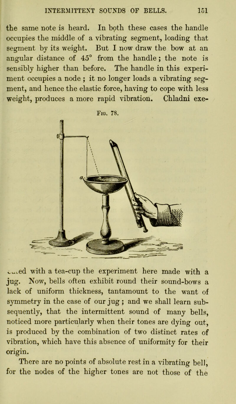 the same note is heard. In both these cases the handle occupies the middle of a vibrating segment, loading that segment by its weight. But I now draw the bow at an angular distance of 45° from the handle; the note is sensibly higher than before. The handle in this experi- ment occupies a node ; it no longer loads a vibrating seg- ment, and hence the elastic force, having to cope with less weight, produces a more rapid vibration. Chladni exe- Fig. 78. vuted with a tea-cup the experiment here made with a jug. Now, bells often exhibit round their sound-bows a lack of uniform thickness, tantamount to the want of symmetry in the case of our jug; and we shall learn sub- sequently, that the intermittent sound of many bells, noticed more particularly when their tones are dying out, is produced by the combination of two distinct rates of vibration, which have this absence of uniformity for their origin. There are no points of absolute rest in a vibrating bell, for the nodes of the higher tones are not those of the