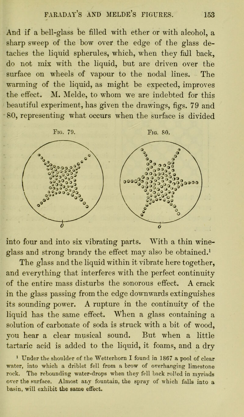 And if a bell-glass be filled with ether or with alcohol, a sharp sweep of the bow over the edge of the glass de- taches the liquid spherules, wdiich, when they fall back, do not mix with the liquid, but are driven over the surface on wheels of vapour to the nodal lines. The warming of the liquid, as might be expected, improves the effect. M. Melde, to whom we are indebted for this beautiful experiment, has given the drawings, figs. 79 and 80, representing what occurs when the surface is divided Fig. 79. Fig. 80. into four and into six vibrating parts. With a thin wine- glass and strong brandy the effect may also be obtained.1 The glass and the liquid wdthin it vibrate here together, and everything that interferes with the perfect continuity of the entire mass disturbs the sonorous effect. A crack in the glass passing from the edge downwards extinguishes its sounding power. A rupture in the continuity of the liquid has the same effect. When a glass containing a solution of carbonate of soda is struck with a bit of wood, you hear a clear musical sound. But when a little tartaric acid is added to the liquid, it foams, and a dry 1 Under the shoulder of the Wetterhorn I found in 1867 a pool of clear water, into which a driblet fell from a brow of overhanging limestone rock. The rebounding water-drops when they fell back rolled in myriads over the surface. Almost any fountain, the spray of which falls into a basin, will exhibit the same effect.