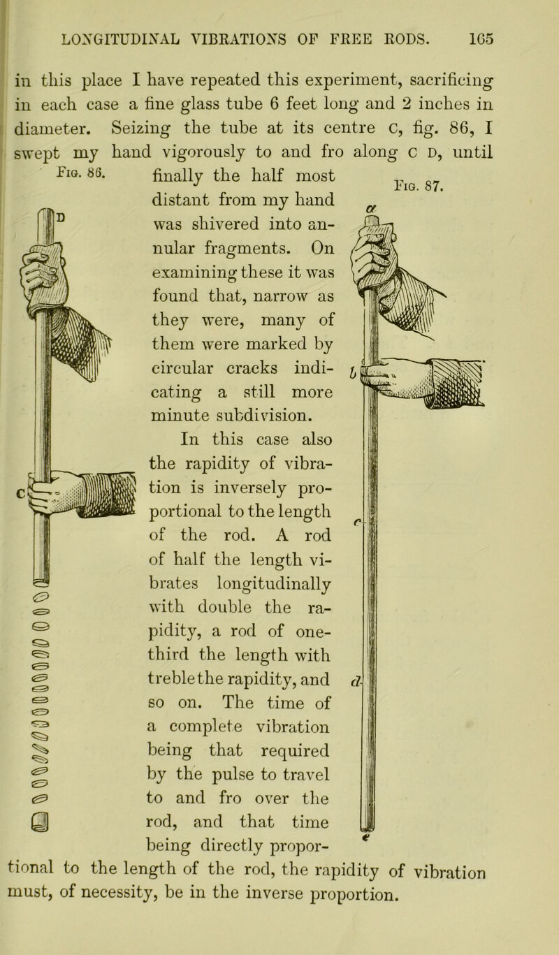 Fig. 83. Fig. 87. in this place I have repeated this experiment, sacrificing in each case a fine glass tube 6 feet long and 2 inches in diameter. Seizing the tube at its centre c, fig. 86, I swept my hand vigorously to and fro along c D, until finally the half most distant from my hand was shivered into an- nular fragments. On examining these it was found that, narrow as they were, many of them were marked by circular cracks indi- cating a still more minute subdivision. In this case also the rapidity of vibra- tion is inversely pro- portional to the length of the rod. A rod of half the length vi- brates longitudinally with double the ra- pidity, a rod of one- third the length with treble the rapidity, and so on. The time of a complete vibration being that required by the pulse to travel to and fro over the Q rod, and that time being directly propor- tional to the length of the rod, the rapidity of vibration must, of necessity, be in the inverse proportion. d