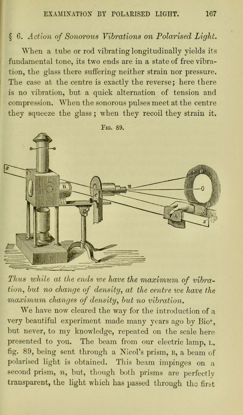§ 6. Action of Sonorous Vibrations on Polarised Light. When a tube or rod vibrating longitudinally yields its fundamental tone, its two ends are in a state of free vibra- tion, the glass there suffering neither strain nor pressure. The case at the centre is exactly the reverse; here there is no vibration, but a quick alternation of tension and compression. When the sonorous pulses meet at the centre they squeeze the glass ; when they recoil they strain it. Fig. 89. Thus while at the ends we have the maximum of vibra- tion, but no change of density, at the centre we have the maximum changes of density, but no vibration. We have now cleared the way for the introduction of a very beautiful experiment made many years ago by Bio+, but never, to my knowledge, repeated on the scale here presented to you. The beam from our electric lamp, l, fig. 89, being sent through a Nicol’s prism, B, a beam of polarised light is obtained. This beam impinges on a second prism, n, but, though both prisms are perfectly transparent, the light which has passed through the first