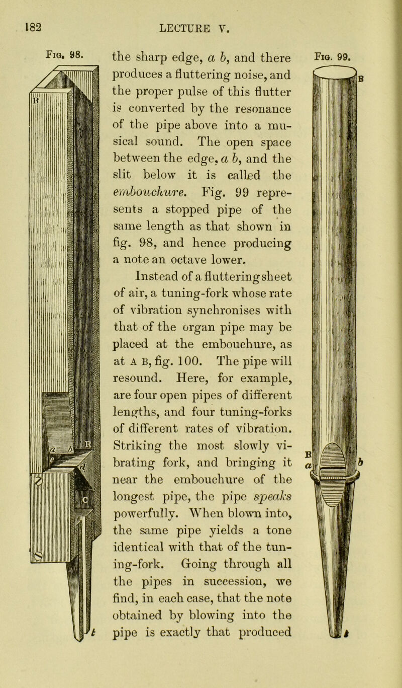 Fig, 98. the sharp edge, a b, and there produces a fluttering noise, and the proper pulse of this flutter is converted by the resonance of the pipe above into a mu- sical sound. The open space between the edge, a b, and the slit below it is called the embouchure. Fig. 99 repre- sents a stopped pipe of the same length as that shown in fig. 98, and hence producing a note an octave lower. Instead of a fluttering sheet of air, a tuning-fork whose rate of vibration synchronises with that of the organ pipe may be placed at the embouchure, as at A B, fig. 100. The pipe will resound. Here, for example, are four open pipes of different lengths, and four tuning-forks of different rates of vibration. Striking the most slowly vi- brating fork, and bringing it near the embouchure of the longest pipe, the pipe speaks powerfully. When blown into, the same pipe yields a tone identical with that of the tun- ing-fork. Going through all the pipes in succession, we find, in each case, that the note obtained by blowing into the pipe is exactly that produced Fig. 99. 1