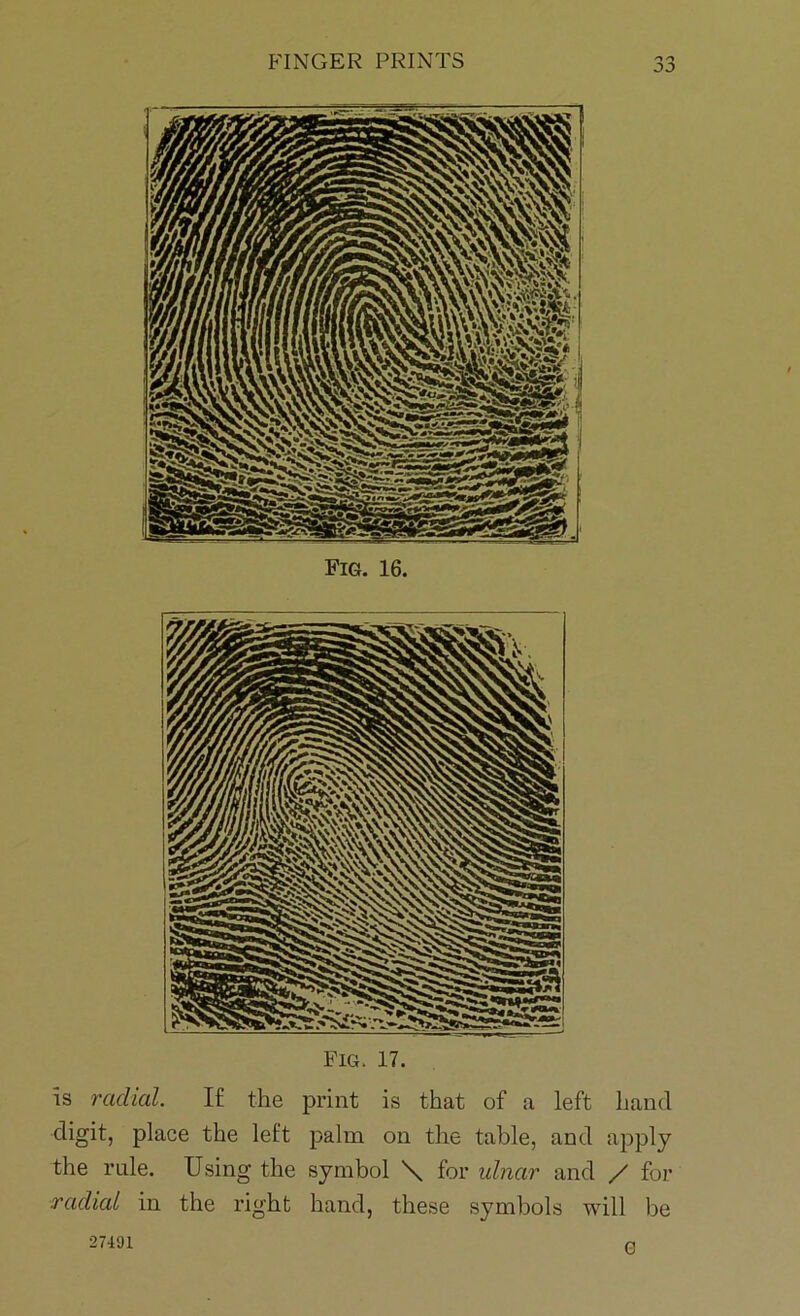 Fig. 16. Fig. 17. is radial. If the print is that of a left hand digit, place the left palm on the table, and apply the rule. Using the symbol \ for ulnar and / for radial in the right hand, these symbols will be 27491 o