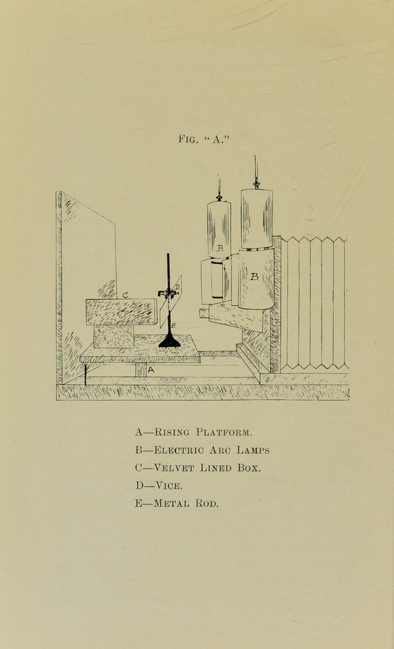 Eig. “A.” A—Rising Platform, B—Electric Arc Lamps C—Velvet Lined Box. D—Vice. E—Metal Rod.