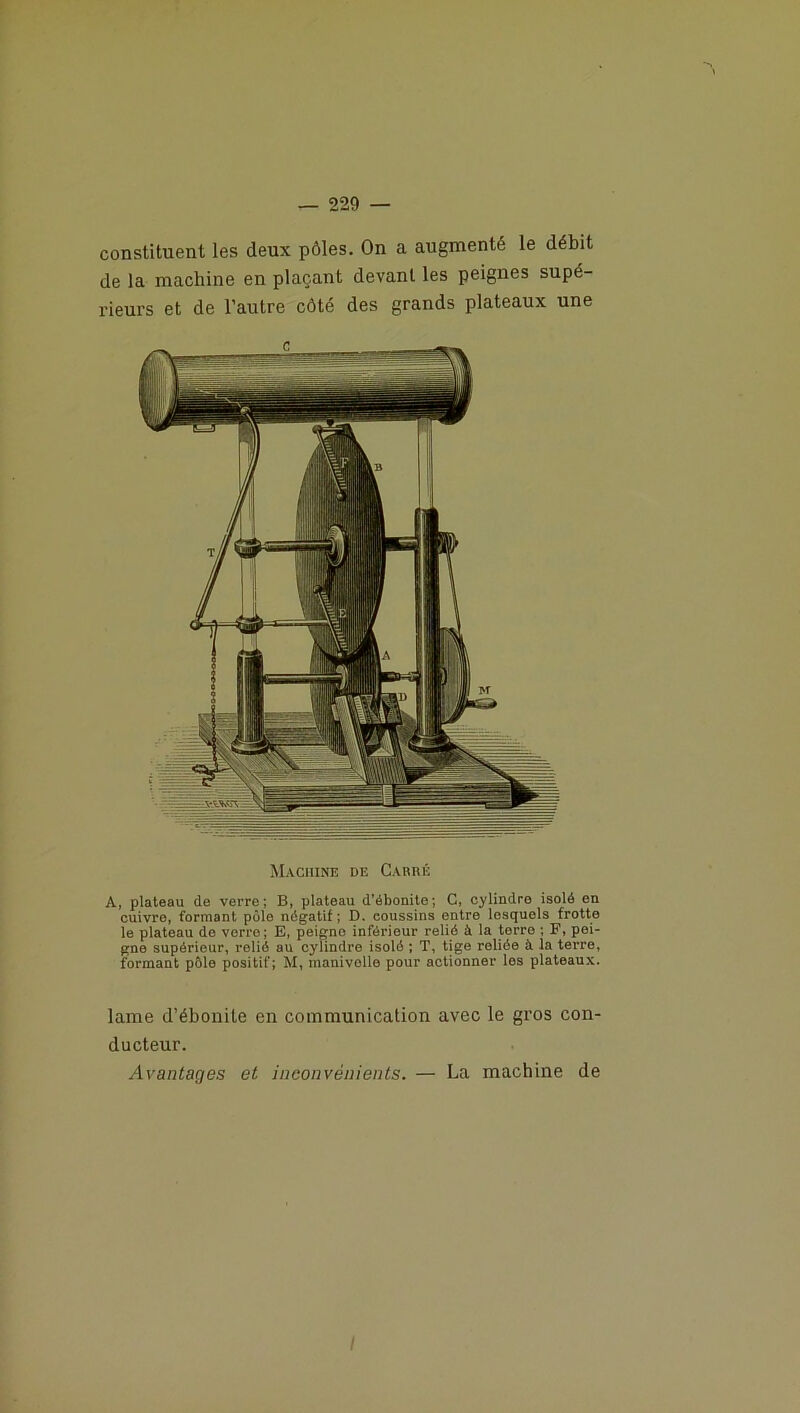 constituent les deux pôles. On a augmenté le débit de la machine en plaçant devant les peignes supé- rieurs et de l’autre côté des grands plateaux une Machine de Carré A, plateau de verre; B, plateau d’ébonite; C, cylindre isolé en cuivre, formant pôle négatif; D. coussins entre lesquels frotte le plateau de verre; E, peigne inférieur relié à la terre ; F, pei- gne supérieur, relié au cylindre isolé ; T, tige reliée à la terre, formant pôle positif; M, manivelle pour actionner les plateaux. lame d’ébonite en communication avec le gros con- ducteur.
