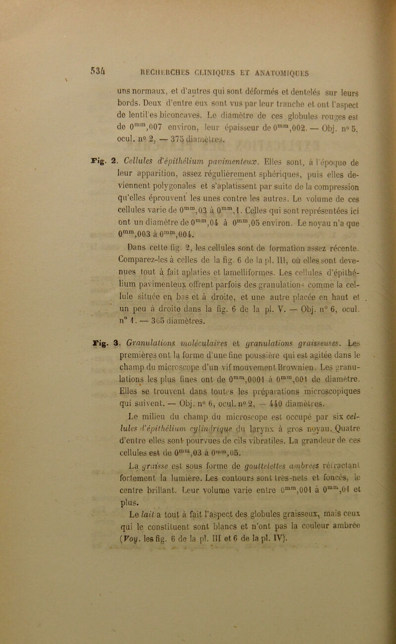 uns normaux, et d’autres qui sont déformés et dentelés sur leurs bords. Deux d’entre eux sont vus par leur tranche et ont l’aspect de lentil’es biconcaves. Le diamètre de ces globules rouges est de 0mnV)07 environ, leur épaisseur de 0mra,002. — Obj. n°5. ocul. n° 2, — 373 diamètres. Fig. 2. Cellules d'épithélium pavimenteux. Elles sont, à lépoque de leur apparition, assez régulièrement sphériques, puis elles de- viennent polygonales et s’aplatissent par suite de la compression qu'elles éprouvent les unes contre les autres. Le volume de ces cellules varie de 0nim,03 à omm,4. Celles qui sont représentées ici ont un diamètre de 0mm,04 à 0mm,05 environ. Le noyau n’a que 0mm,003 à 0nim,004. Dans cette fig. 2, les cellules sont de formation assez récente. Comparez-les à celles de la fig. 6 de la pi. II!, où elles sont deve- nues tout à fait aplaties et lamelliformes. Les cellules d’épithé- lium pavimenteux offrent parfois des granulations comme la cel- lule située en bas et à droite, et une autre placée en haut et . un peu à droite dans la fig. 6 de la pl. V. — Obj. n° 6, ocul. n° 4. — 305 diamètres. Fig. 3. Granulations moléculaires et granulations graisseuses. Les premières ont la forme d’une fine poussière qui est agitée dans le champ du microscope d’un vif mouvement Brownien. Les granu- lations les plus fines ont de 0mm,000l à 0mra,001 de diamètre. Elles se trouvent dans toutes les préparations microscopiques qui suivent. — Obj. n° 6, ocul.n°2, — 440 diamètres. Le milieu du champ du microscope est occupé par six cel- lules d’épithélium cylindrique du larynx à gros noyau. Quatre d’entre elles sont pourvues de cils vibratiles. La grandeur de ces cellules est de 0mm,03 à O-^yjS. La graisse est sous forme de gouttelettes timbrées réfractant fortement la lumière. Les contours sont très-nets et foncés, le centre brillant. Leur volume varie entre 0m,n,001 à 0min,04 et plus. Le lait a tout à fait l’aspect des globules graisseux, mais ceux qui le constituent sont blancs et n’ont pas la couleur ambrée