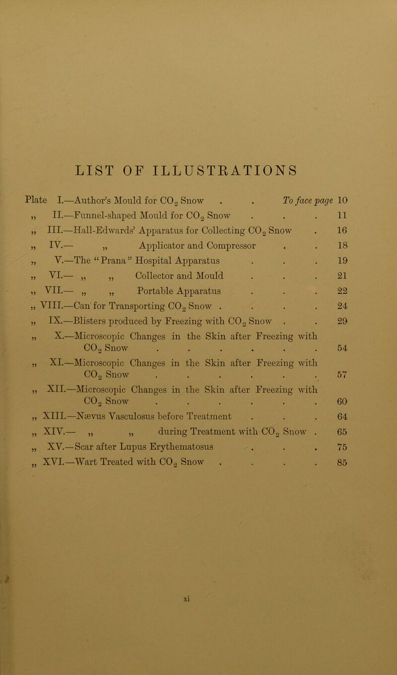 LIST OF ILLUSTEATIONS Plate I.—Author’s Mould for COg Snow . . To face page „ II.—Funnel-shaped Mould for COg Snow „ III.—Hall-Edwards’ Apparatus for Collecting CO 2 Snow „ IV.— „ Applicator and Compressor „ V.—The “ Prana ” Hospital Apparatus „ VI.— „ „ Collector and Mould „ VII.— „ „ Portable Apparatus ,5 VIII.—Can for Transporting CO2 Snow .... ,, IX.—Blisters produced by Freezing with CO2 Snow . „ X.—Microscopic Changes in the Skin after Freezing with CO2 Snow ...... ,, XI.—Microscopic Changes in the Skin after Freezing with CO2 Snow ...... „ XII.—Microscopic Changes in the Skin after Freezing with CO2 Snow ...... „ XIII.—Nsevus Vasculosus before Treatment „ XIV.— „ „ during Treatment with CO2 Snow . „ XV.—Scar after Lupus Erythematosus „ XVI.—Wart Treated with CO2 Snow .... 10 11 16 18 19 21 22 24 29 54 57 60 64 65 75 85