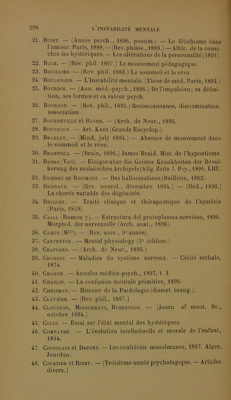 208 l/lNSTAlilMTK MKNTALK 21. Binet. — (Année psych., 1896, passim.) — Le fétichisme dans l’amour. Paris, 1888.—(Uev. philos., 1889.) — Altér. de la consc. chez le.s hystériques. — Les altérations de la personnalité(189l). 22. Blum. — (Bev. phil. 1897.) Le mouvement pédagogique. 23. Bouillier. — (Bev. phil. 1883.) Le sommeil et le rêve. 24. Boulanger. — L’Instabilité mentale. (Thèse de méd. Paris, 1892.) 2o. Bourdin. — (Ann. méd.-psj'ch., 1896.) De l’impulsion ; sa défini- tion, ses formes et sa valeur psych. 26. Bourdon. — (Bev. phil., 189o.) Beconnaissance, discrimination, association. 27. Boürneville et Boyer. — (Arch. de Neur., 1896. 28. Boütroux. — Art. Kant (Grande Encyclop.). 29. Bradley. — (Mind, july 1894.) — Absence de mouvement dans le sommeil et le rêve. 30. Bramwell. — (Brain, 1896.) James Braid. Hist. de l’hypnotisme. 31. Buero(Van). — Einiges uber die Geistes Krankheiten der Bevol- kerung des malaüschen Archipels(Allg. Zeits. f. Psy.,1896, LUI). 32. Brierre DE Boismont. — Des hallucinations (Baillière, 1862). 33. Brissaud. — (Bev. neuroL, décembre 1891.) — (Ibid., 1896.) La chorée variable des dégénérés. 34. Briquet. — Traité clinique et thérapeutique de l’hystérie (Paris, 1839). 35. Cajal (Bamon y). — Estructura del protoplasma nervioso, 1896. Morpliul. der nervenzelle (Arch. anat., 1896). 36. Casius (M*'°). — (Bev. univ., 5® année). 37. Gari’entkr. — .Mental physiology (o® édition.) 38. Chaffard. — (Arch. de Neur., 1893.) 39. Charcot. — Maladies du système nerveux. — Cécité verbale, 1874. 40. Charon. —Annales médico-psych., 1897, t. I. 41. Chaslin. —La confusion mentale primitive, 1895. 42. Chrisman. — Histoire de la Paidologie (dissert, inaug.). 43. Clavière. — (Rev. phil., 1897.) 44. Clouston, Middlemans, Robertson. — (Journ. of ment. Sc., octobre 1894.) 43. Colin. — Essai sur l’état mental des hystériques. 46. CoMPAYRÉ. — L’évolution intellectuelle et morale de l’enfant, 1894. 47. CoppoLANiet Depont. — Les confréries musulmanes, 1897. Alger, Jourdan. 48. Courtier et Binet. — (Troisième année psychologique. — Articles divers.)
