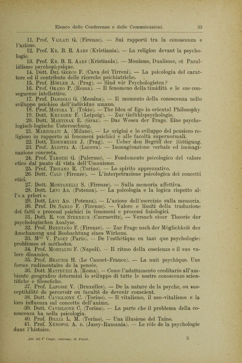 11. Prof. V.fiLATi G. (Firenze). — Sui rapporti tra la conoscenza e Fazione. 12. Prof. Kr. B. e. A.ARS (Kristiania). — La religion devant la psycho- logie. 13. Prof. Kr. B. E. Aars (Kristiania). —Monismo, Dualismo, et Paral- lélisme psychophysique. 14. Dott. Del Greco F. (Cava dei Tirreni). — La psicologia del carat- tere ed il contributo delle ricerche'psichiatriche. 15. Prof. Hòfler a. (Prag). — Sind wir Psychologisten’? 16. Prof. Orano P. (Poma). — Il fenomeno della timidità e le sue con- seguenze intellettive. 17. Prof. Dandolo G. (Messina). — Il momento della conoscenza nello sviluppo psichico dell’individuo umano. 18. Prof. Motora Y. (Tokio). — The Idea of Ego in orientai Philosophy 19. Dott. Krueger F. (Leipzig). — Zur Getuhlspsychologie. 20. Dott. M.lrtinak E. (Graz). — Das Wesen der Frage. Eine psycho- logisch-logische Untersuchung. 21. Marzorati a. (Milano). — Le origini e lo sviluppo del pensiero re- ligioso in rapporto ai fenomeni psichici e alle facoltà supernormali. 22. Dott. Eisenmeier J. (Prag). — Ueber den Begriff der Sàttigung. 23. Prof. Aliotia A. (Lucerà). — Immaginazione verbale ed immagi- nazione concreta. 24. Prof. Tarozzi G. (Palermo). — Fondamento psicologico del valore etico dal punto di vista dell’Umanismo. 25. Prof. Troiano E. (Torino). — Lo spirito apprezzativo. 26- Dott. Calò (Firenze). — L’interpetrazione psicologica dei concetti etici. 27. Dott. Montanelli S. (Firenze). — Sulla memoria affettiva. 28. Dott. Levi Ad. (Potenza). — La psicologia e la logica rispetto al- l’« a priori ». 29. Dott. Levi Ad. (Potenza). — L’azione dell’esercizio sulla memoria. 30. Prof. De Sardo F. (Firenze). — Valore e limiti della traduzione dei fatti e processi psichici in fenomeni e processi fisiologici. 31. Dott. E. VON Sterneck (Czernovitz). — Versuch einer Theorie der psychologischen Analyse. 32. Prof. Brentano F. (Firenze). — Zur Frage nach der Mòglichkeit der Anschauung und Beobachtung eines Wirkens. 33. M® V. Paget (Paris). — De Festhétique en tant que psychologie: problèmes et méthodes. 34. Prof. Montalto F. (Napoli). — Il ritmo della coscienza e il suo va- lore dinamico. 35. Prof. Beaunis H. (Le Cannet-France). — La nuit psychique. Une forme rudimentaire de la pensée. 36. Dott. Matteuzzi A. (Eoma). — Come l’adattamento ereditario all’am- biente geografico determini lo sviluppo di tutte le nostre conoscenze scien- tifiche e filosofiche. 37. Prof. Lafosse V. (Bruxelles). — De la nature de la psyche, ou sus- ceptibilité de percevoir ou faculté de devenir conscient. 38. Dott. Caviglione C. (Torino). — Il vitalismo, il neo-vitalismo e la loro influenza sul concetto dell’anima. ■39. Dott. Caviglione C. (Torino). — La parte che il problema della co- noscenza ha nella psicologia. 40. Prof. Billia L. M. (Torino). — Una illusione del Taine. 4L Prof. Xénopol a. d. (Jassy-Eumania). — Le róle de la psychologie dans Fhistoire. Atti del y Congr. internaz. di PsicoL 3