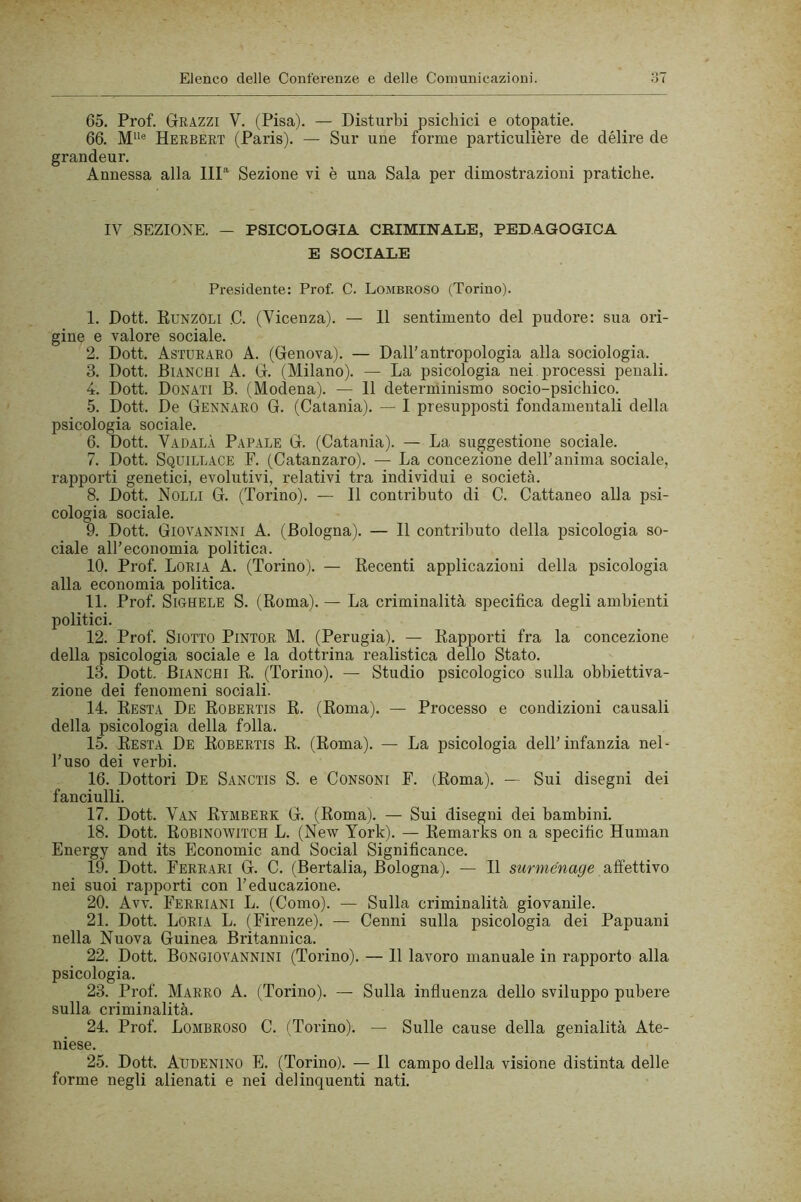 65. Prof. Grazzi V. (Pisa). — Disturbi psichici e otopatie. 66. Herbert (Paris). — Sur une forme particulière de délire de grandeur. Annessa alla IIP Sezione vi è una Sala per dimostrazioni pratiche. IV SEZIONE. — PSICOLOGIA CRIMINALE, PEDAGOGICA E SOCIALE Presidente: Prof. C. Lombroso (Torino). 1. Dott. Runzoli ,C. (Vicenza). — 11 sentimento del pudore: sua ori- gine e valore sociale. 2. Dott. Asturaro a. (Genova). — Dall’antropologia alla sociologia. 3. Dott. Bianchi A. G. (Milano). — La psicologia nei processi penali. 4. Dott. Donati B. (Modena). — 11 determinismo socio-psichico. 5. Dott. De Gennaro G. (Catania). — I presupposti fondamentali della psicologia sociale. 6. Dott. Vadala Papale G. (Catania). — La suggestione sociale. 7. Dott. Squillace P. (Catanzaro). — La concezione dell’anima sociale, rapporti genetici, evolutivi, relativi tra individui e società. 8. Dott. Nolli G. (Torino). — 11 contributo di C. Cattaneo alla psi- cologia sociale. 9. Dott. Giovannini A. (Bologna). — Il contributo della psicologia so- ciale all’economia politica. 10. Prof. Loria A. (Torino). — Kecenti applicazioni della psicologia alla economia politica. 11. Prof. SiGHELE S. (Roma). — La criminalità specifica degli ambienti politici. 12. Prof. SiOTTO PiNTOR M. (Perugia). — Rapporti fra la concezione della psicologia sociale e la dottrina realistica dello Stato. 13. Dott. Bianchi R. (Torino). — Studio psicologico sulla obbiettiva- zione dei fenomeni sociali. 14. Resta De Robertis R. (Roma). — Processo e condizioni causali della psicologia della folla. 15. Resta De Robertis R. (Roma). — La psicologia dell’infanzia nel- l’uso dei verbi. 16. Dottori De Sanctts S. e Consoni F. (Roma). — Sui disegni dei fanciulli. 17. Dott. Van Rymberk G. (Roma). — Sui disegni dei bambini. 18. Dott. Robinowitch L. (New York). — Remarks on a specific Human Energy and its Economie and Social Significance. 19. Dott. Ferrari G. C. (Bertalia, Bologna). — Il surménage affettivo nei suoi rapporti con l’educazione. 20. Avv. Ferriani L. (Como). — Sulla criminalità giovanile. 21. Dott. Loria L. (Firenze). — Cenni sulla psicologia dei Papuani nella Nuova Guinea Britannica. 22. Dott. Bongiovannini (Torino). — 11 lavoro manuale in rapporto alla psicologia. 23. Prof. Marro A. (Torino). — Sulla influenza dello sviluppo pubere sulla criminalità. 24. Prof. Lombroso C. fTorino). — Sulle cause della genialità Ate- niese. 25. Dott. Audenino E. (Torino). — 11 campo della visione distinta delle forme negli alienati e nei delinquenti nati.